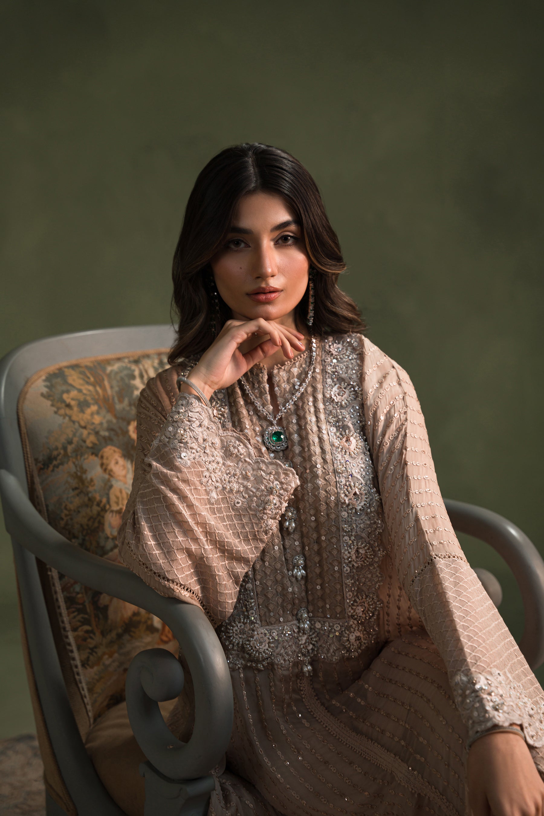 Nude Hand-Embellished Blended Chiffon Kaftan (3-Piece) - Image 5