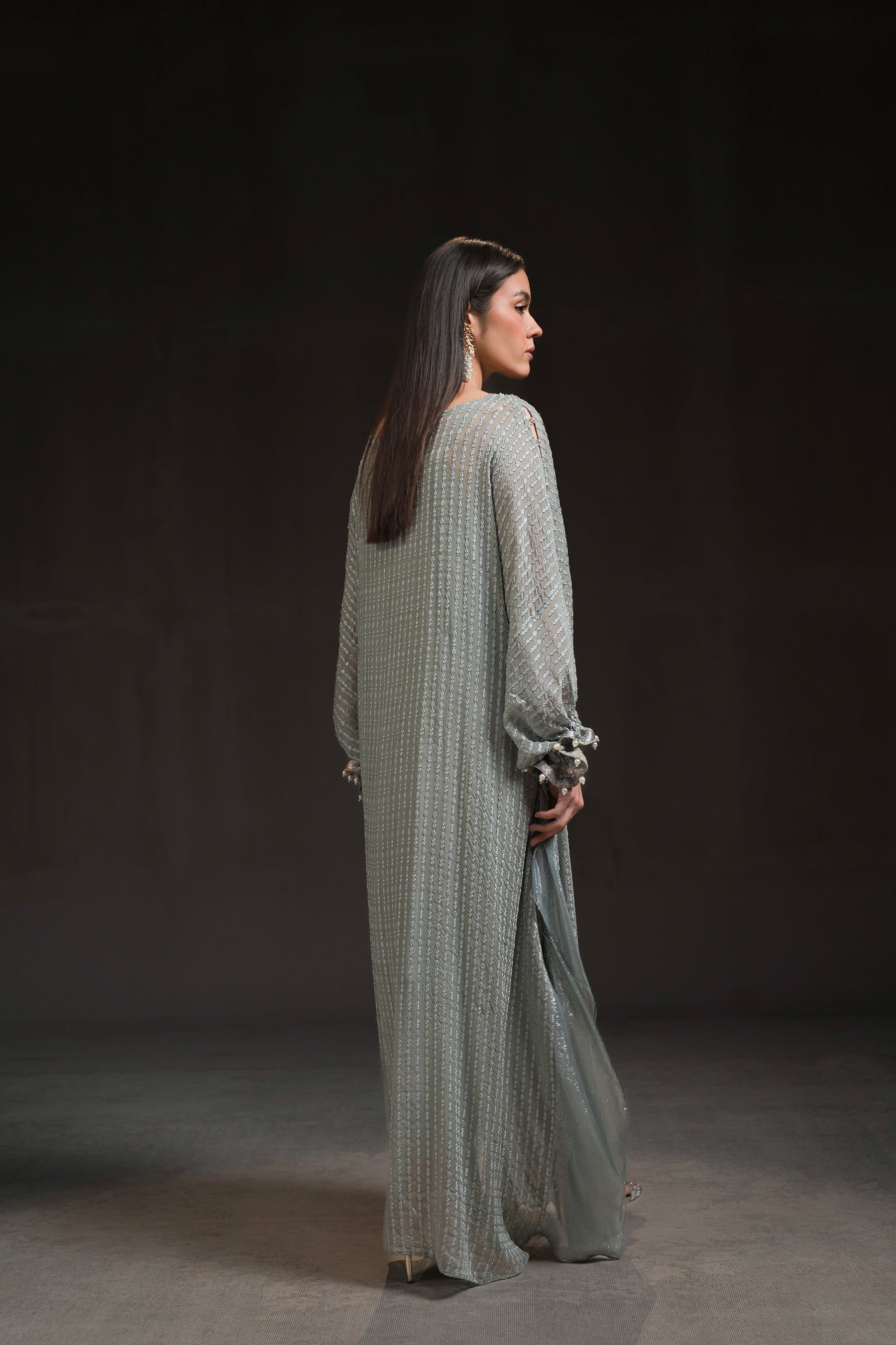 Pakistani Greige Hand-Embellished Chiffon Kaftan (3-Piece) - Image 3