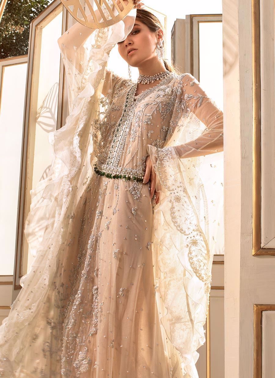 Beige & White Embellished Net Kaftan (2-Piece) - Image 1