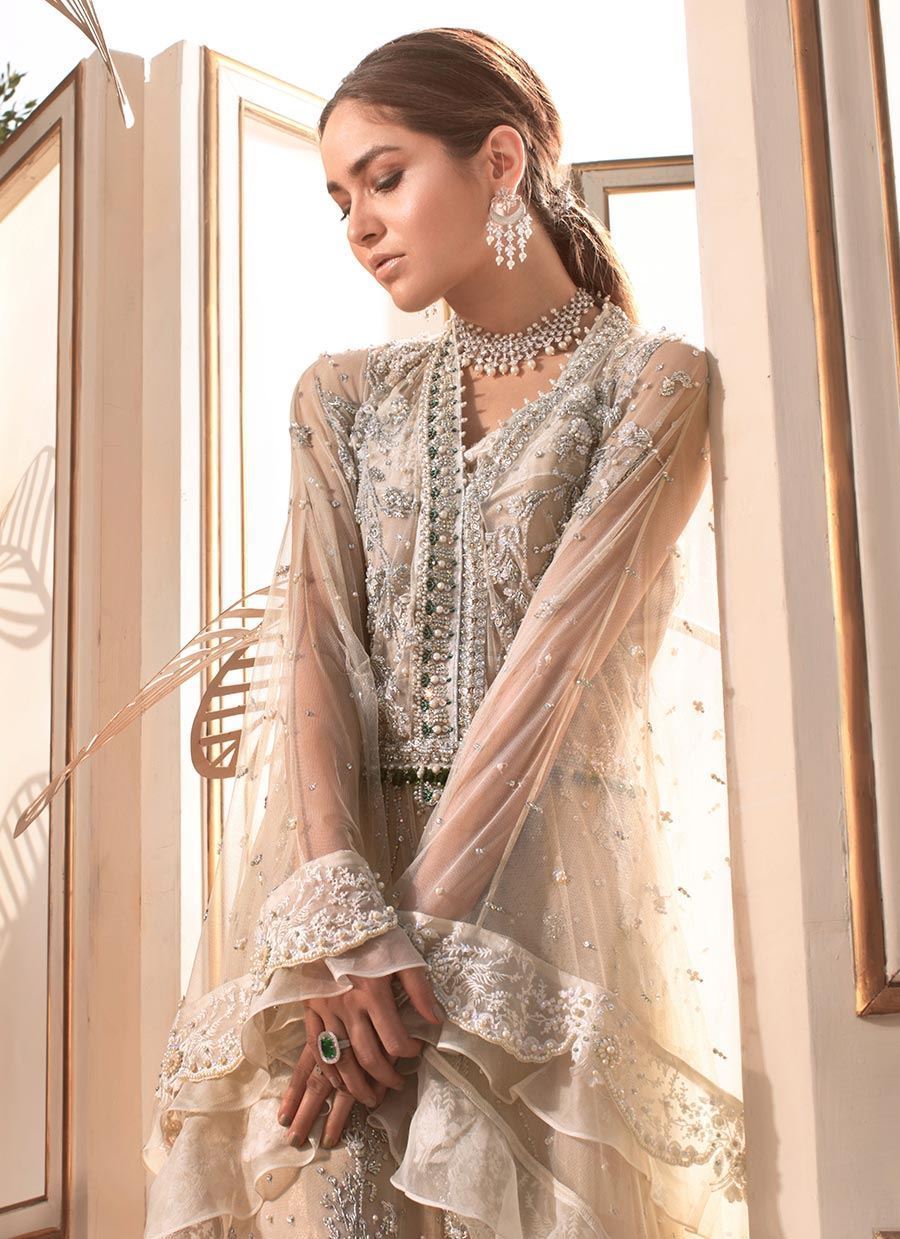 Beige & White Embellished Net Kaftan (2-Piece) - Image 6