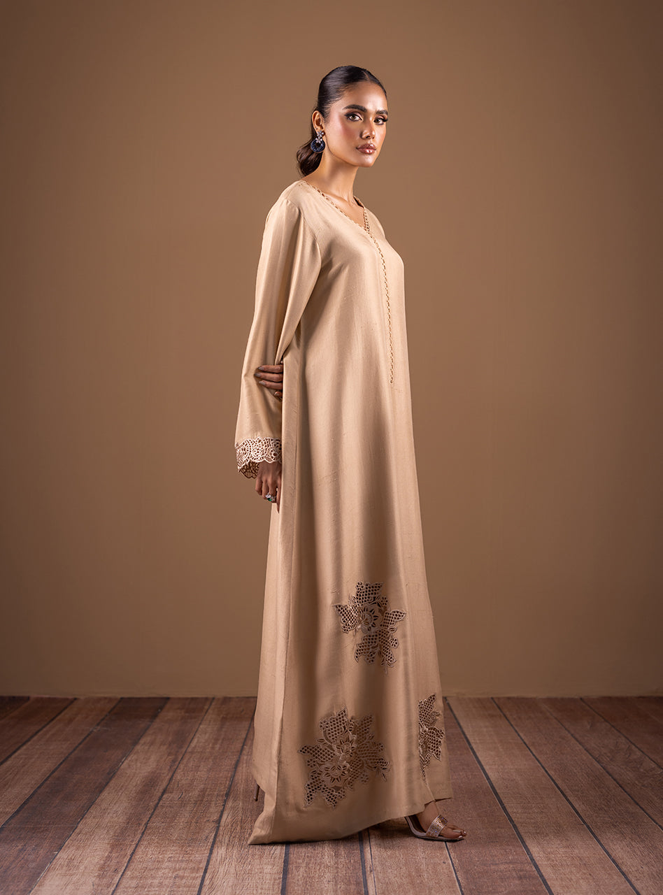 Pakistani Beige Cutwork Raw Silk Kaftan (2-Piece) - Image 4
