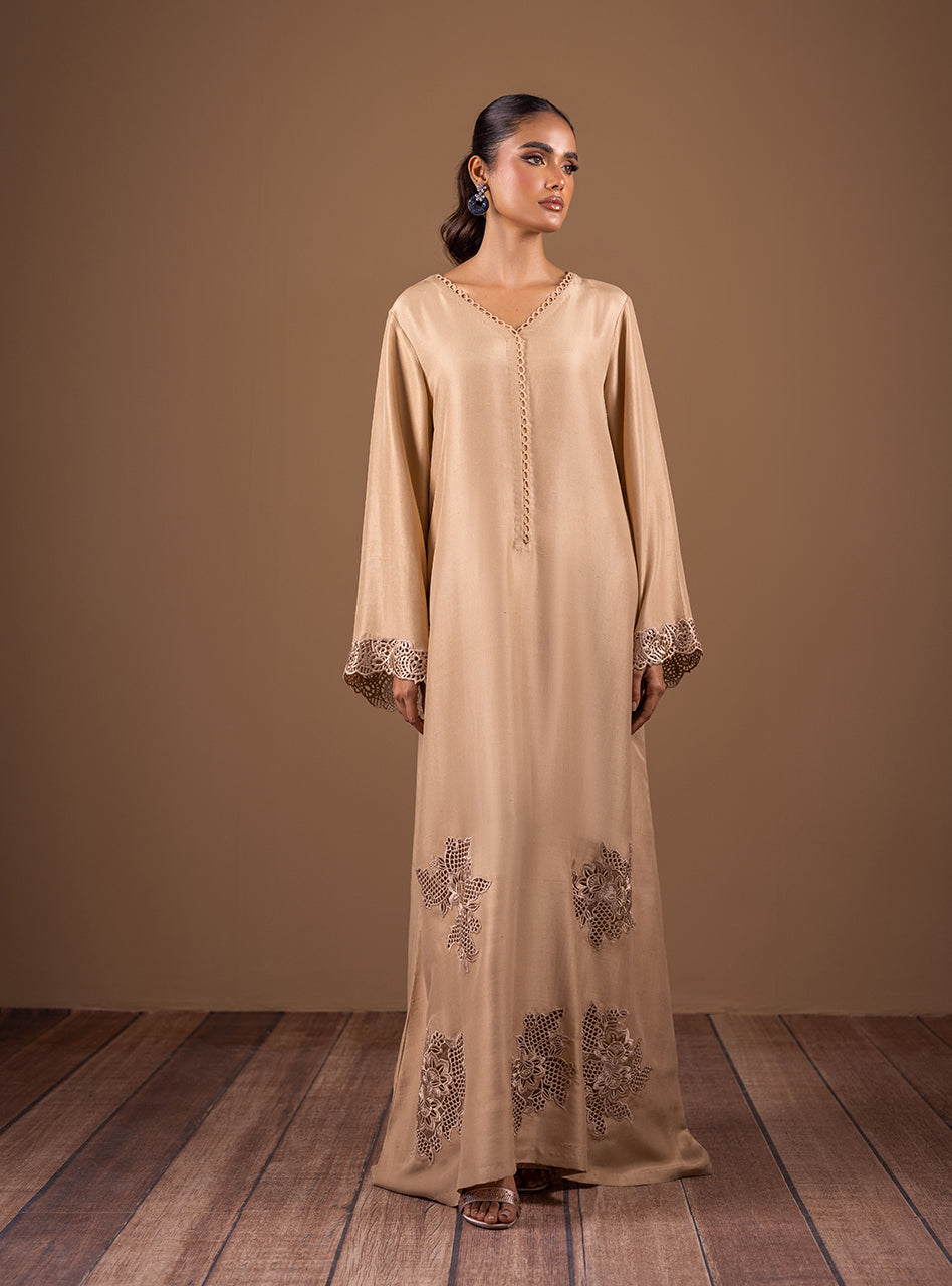 Pakistani Beige Cutwork Raw Silk Kaftan (2-Piece) - Image 5