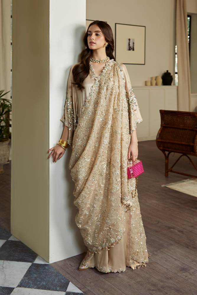 Pakistani Champagne Beige Embellished Raw Silk Kaftan (3-Piece) - Image 1
