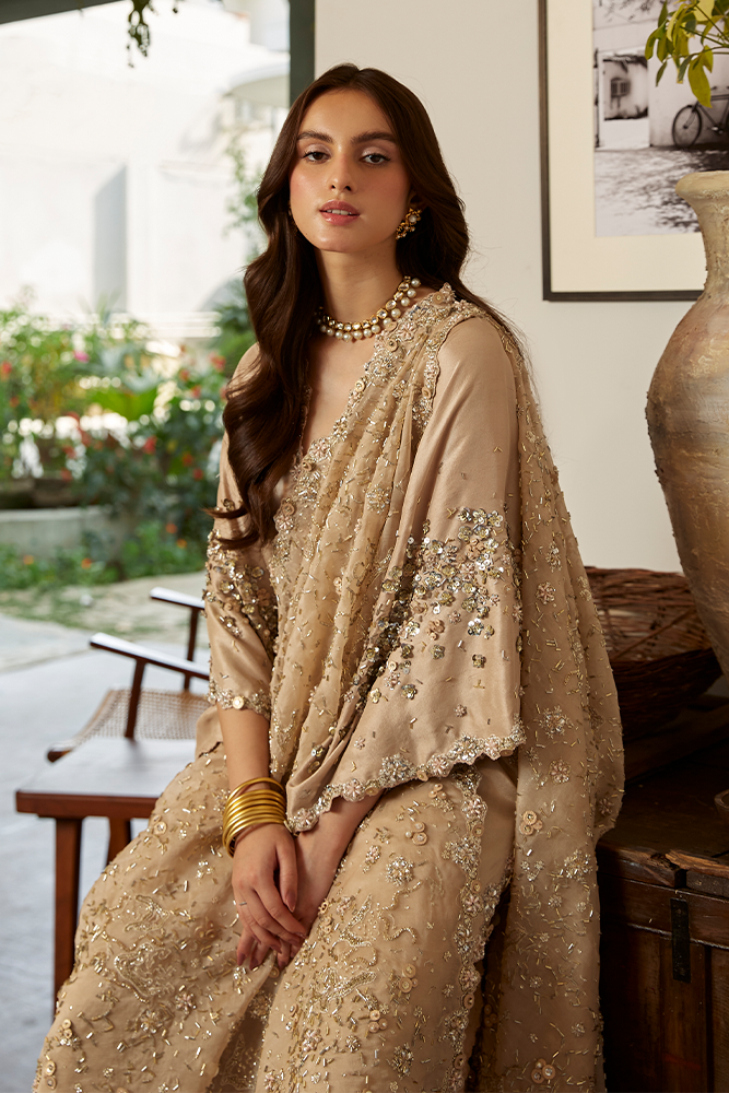 Pakistani Champagne Beige Embellished Raw Silk Kaftan (3-Piece) - Image 2