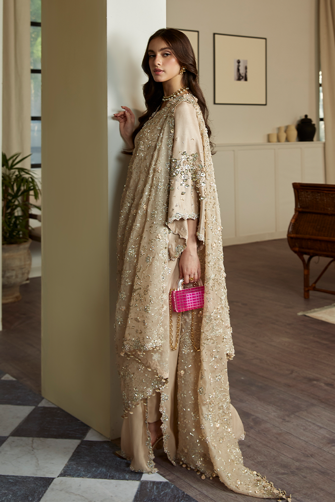 Pakistani Champagne Beige Embellished Raw Silk Kaftan (3-Piece) - Image 4