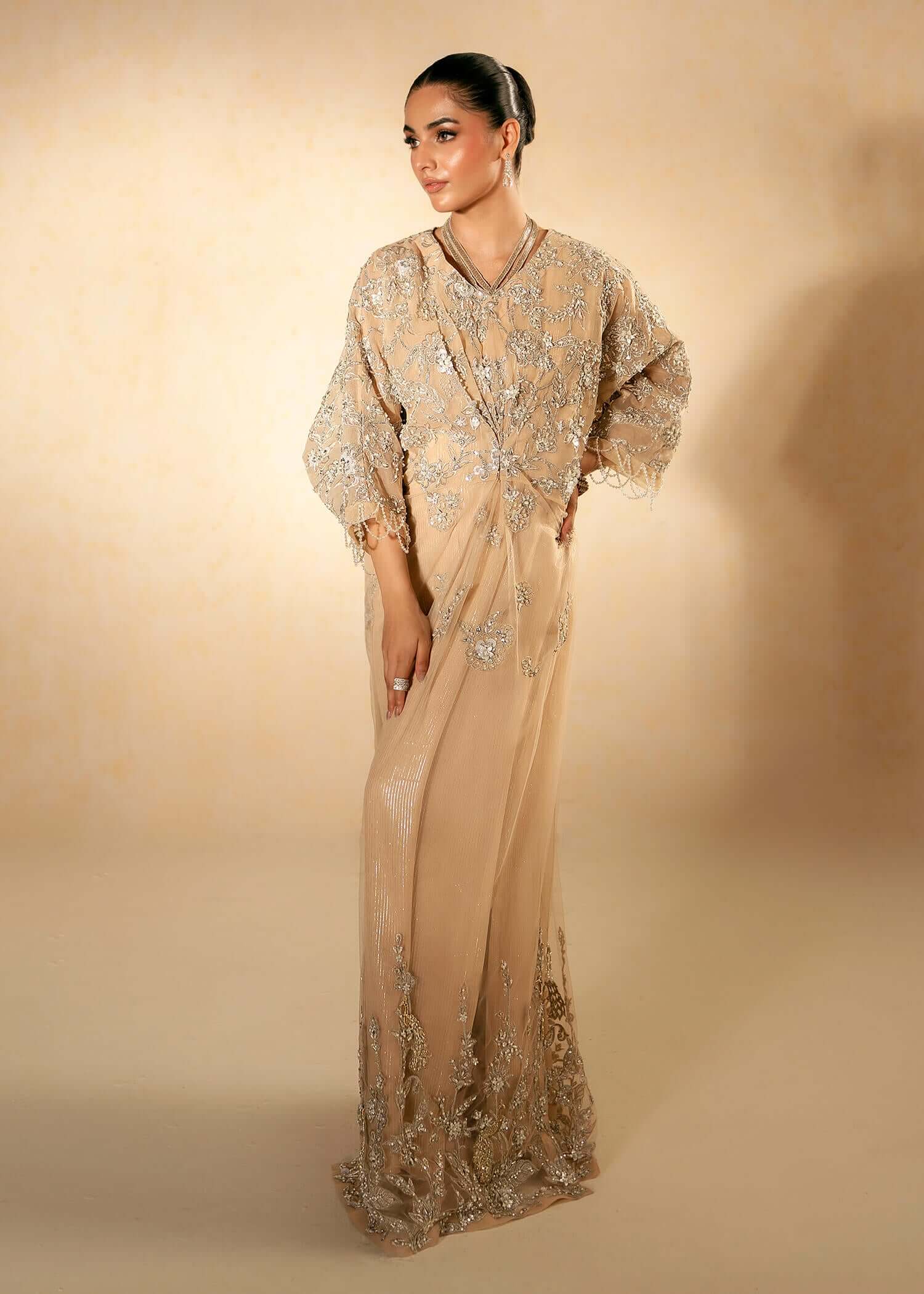Pakistani Beige Swarovski Embellished Tulle Net Kaftan (2-Piece) - Image 1