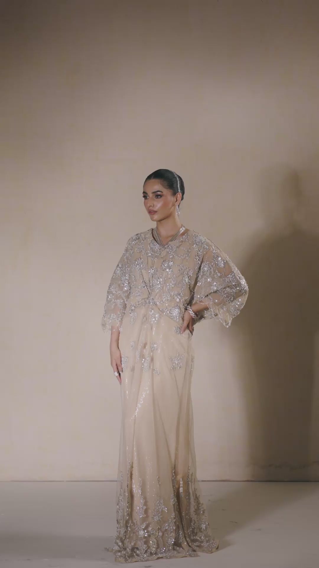 Pakistani Beige Swarovski Embellished Tulle Net Kaftan (2-Piece) - Image 10