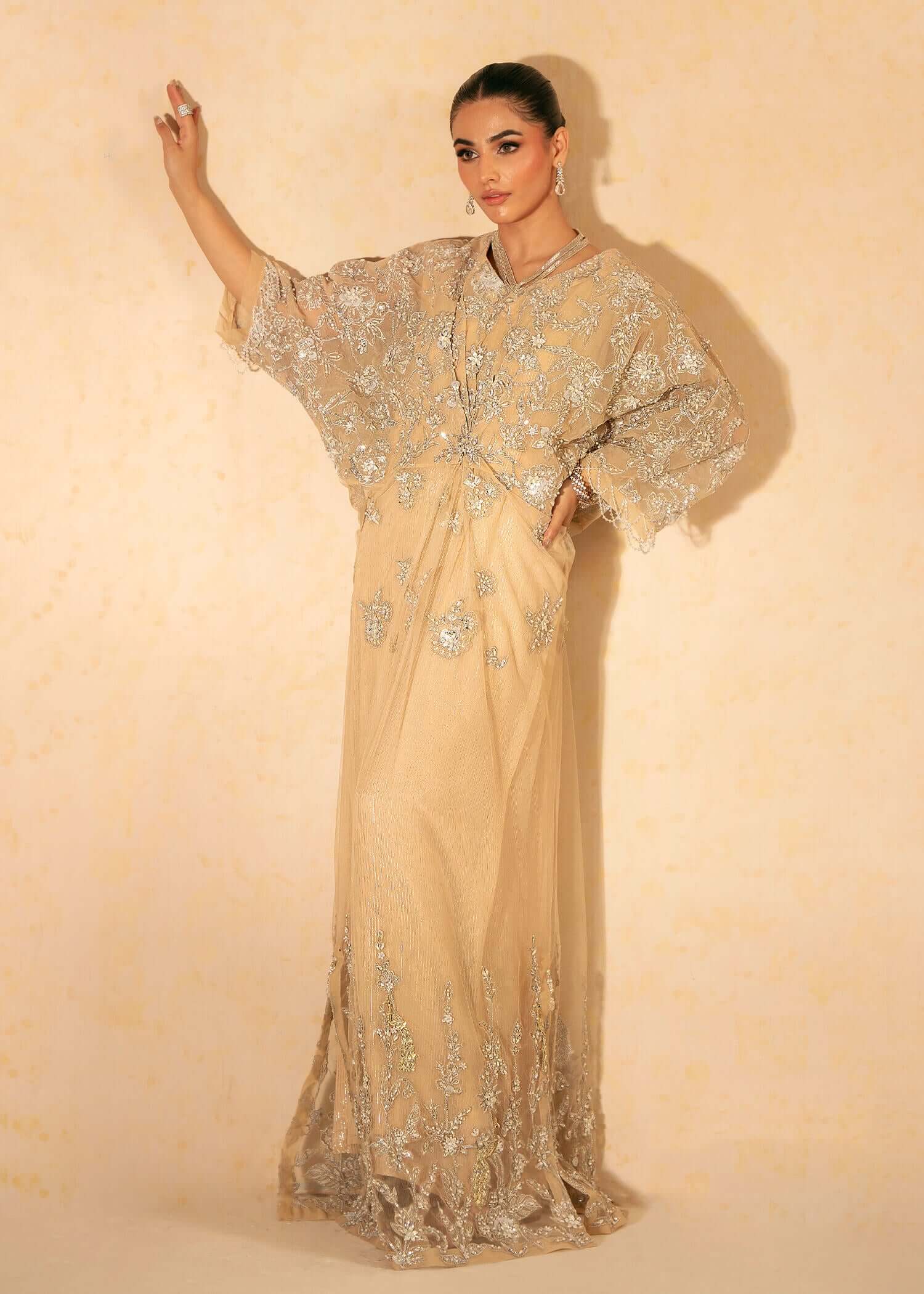 Pakistani Beige Swarovski Embellished Tulle Net Kaftan (2-Piece) - Image 3