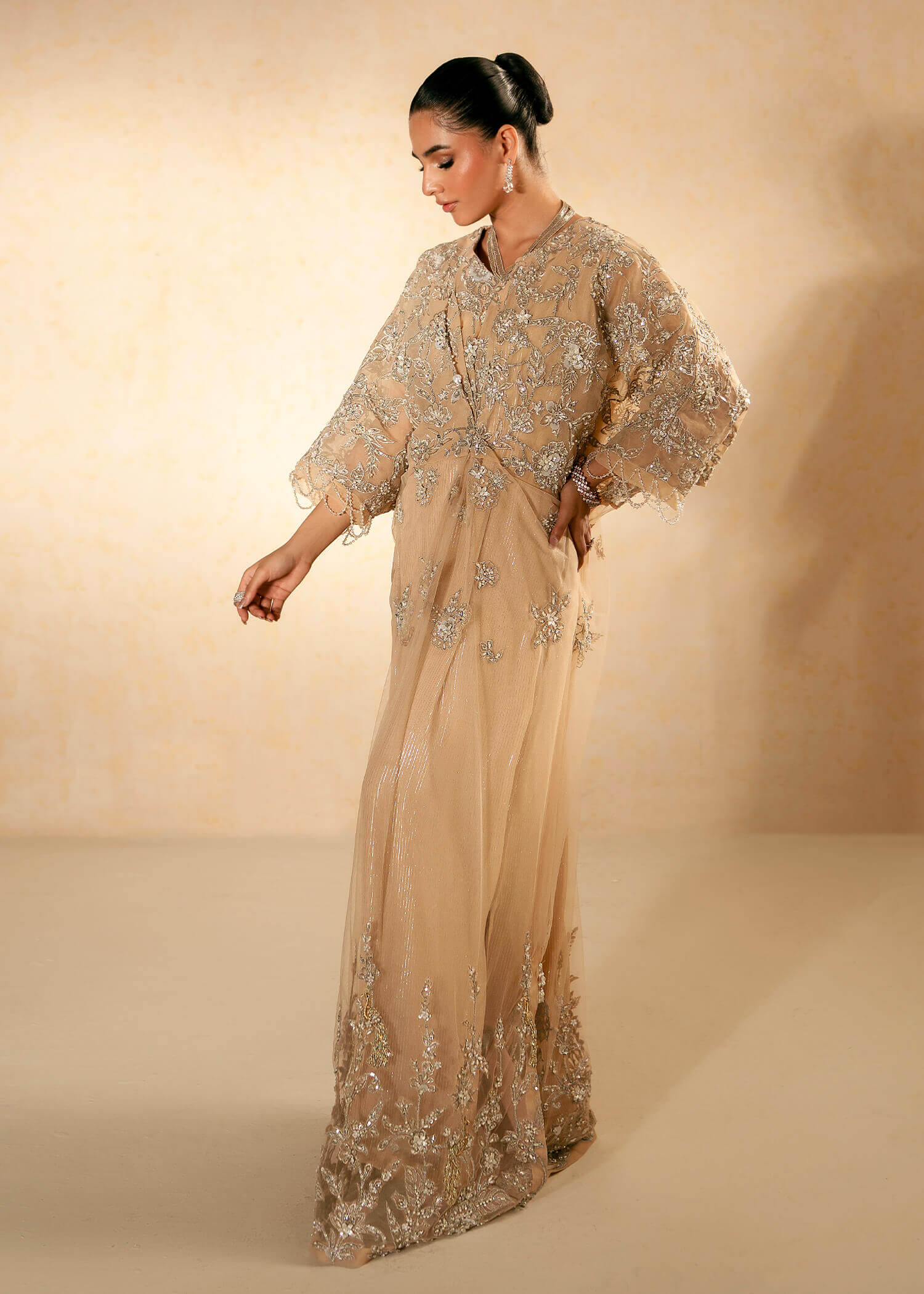 Pakistani Beige Swarovski Embellished Tulle Net Kaftan (2-Piece) - Image 6