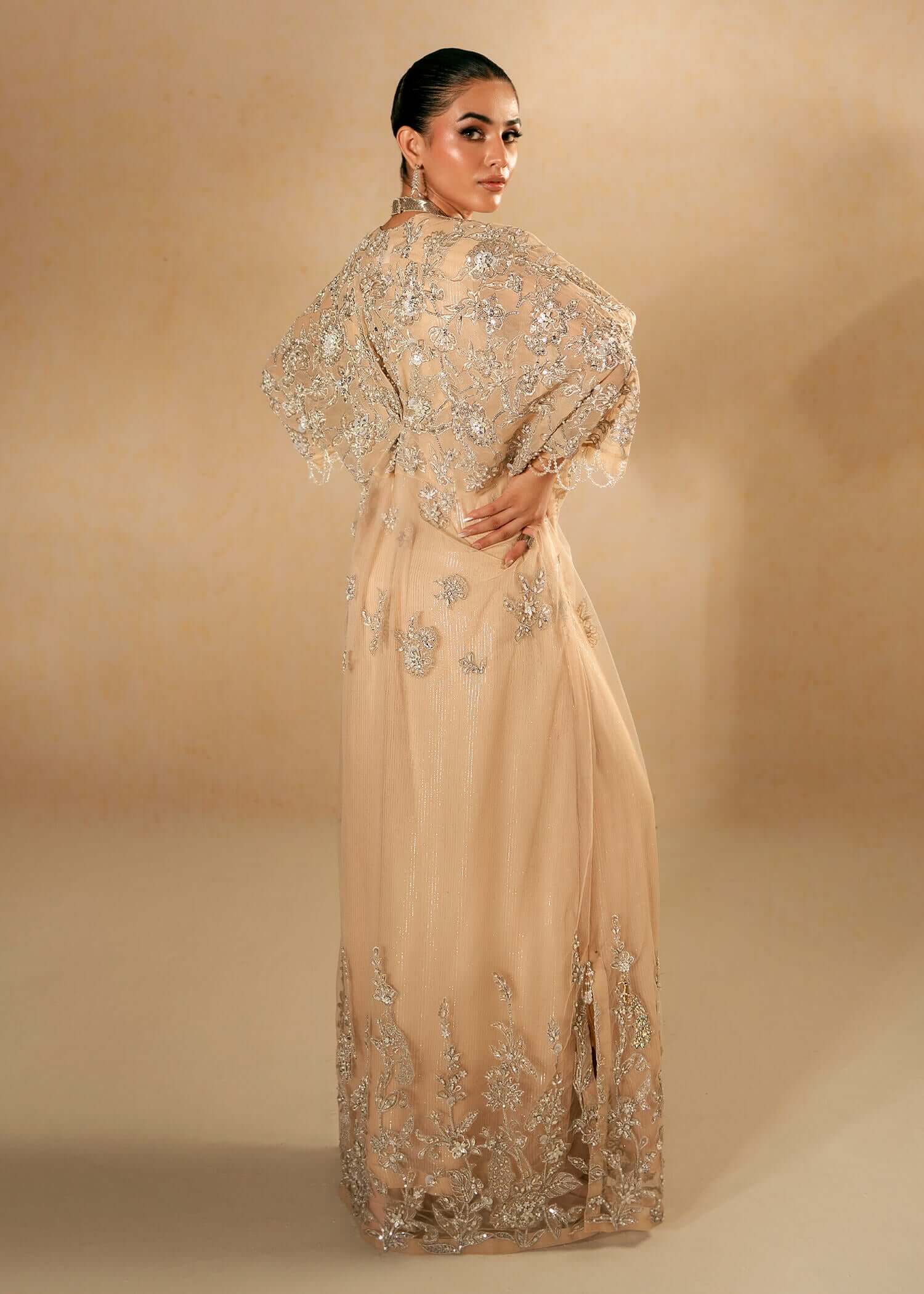 Pakistani Beige Swarovski Embellished Tulle Net Kaftan (2-Piece) - Image 7