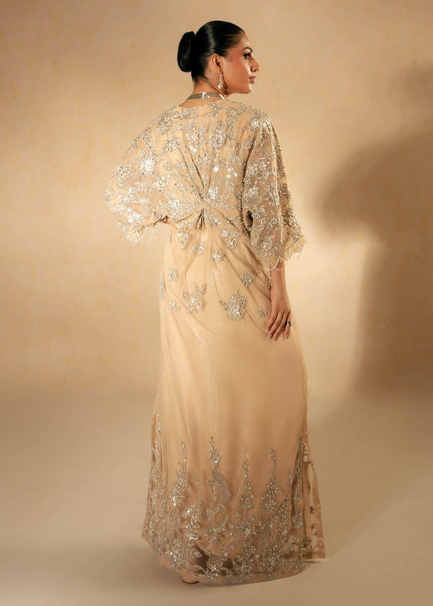 Pakistani Beige Swarovski Embellished Tulle Net Kaftan (2-Piece) - Image 9
