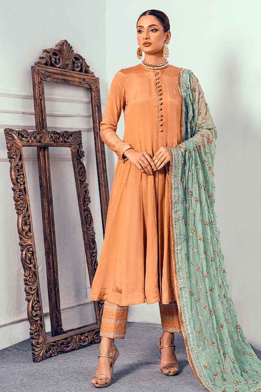 Beige Embroidered PK Raw Silk Kalidaar (3-Piece) - Image 2