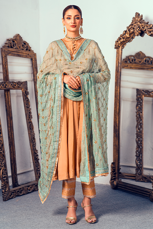 Beige Embroidered PK Raw Silk Kalidaar (3-Piece) - Image 3