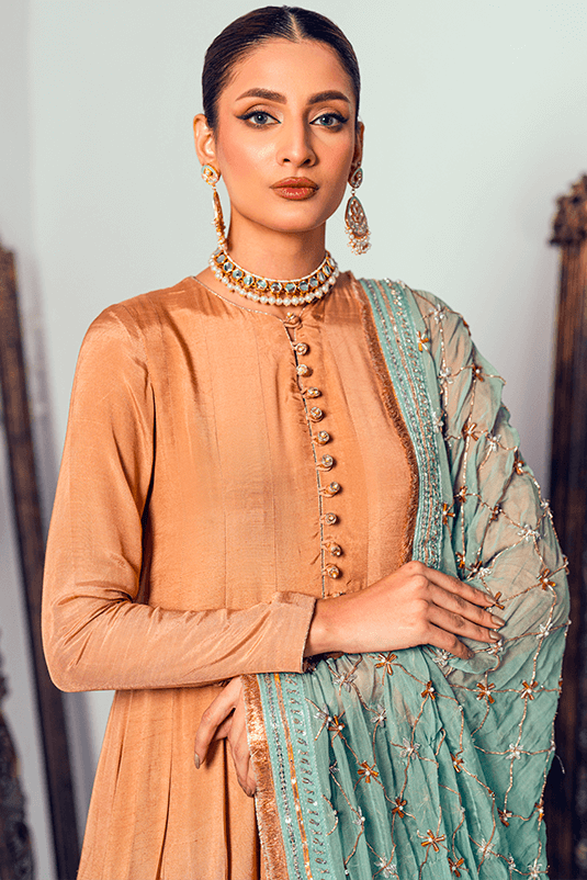 Beige Embroidered PK Raw Silk Kalidaar (3-Piece) - Image 4