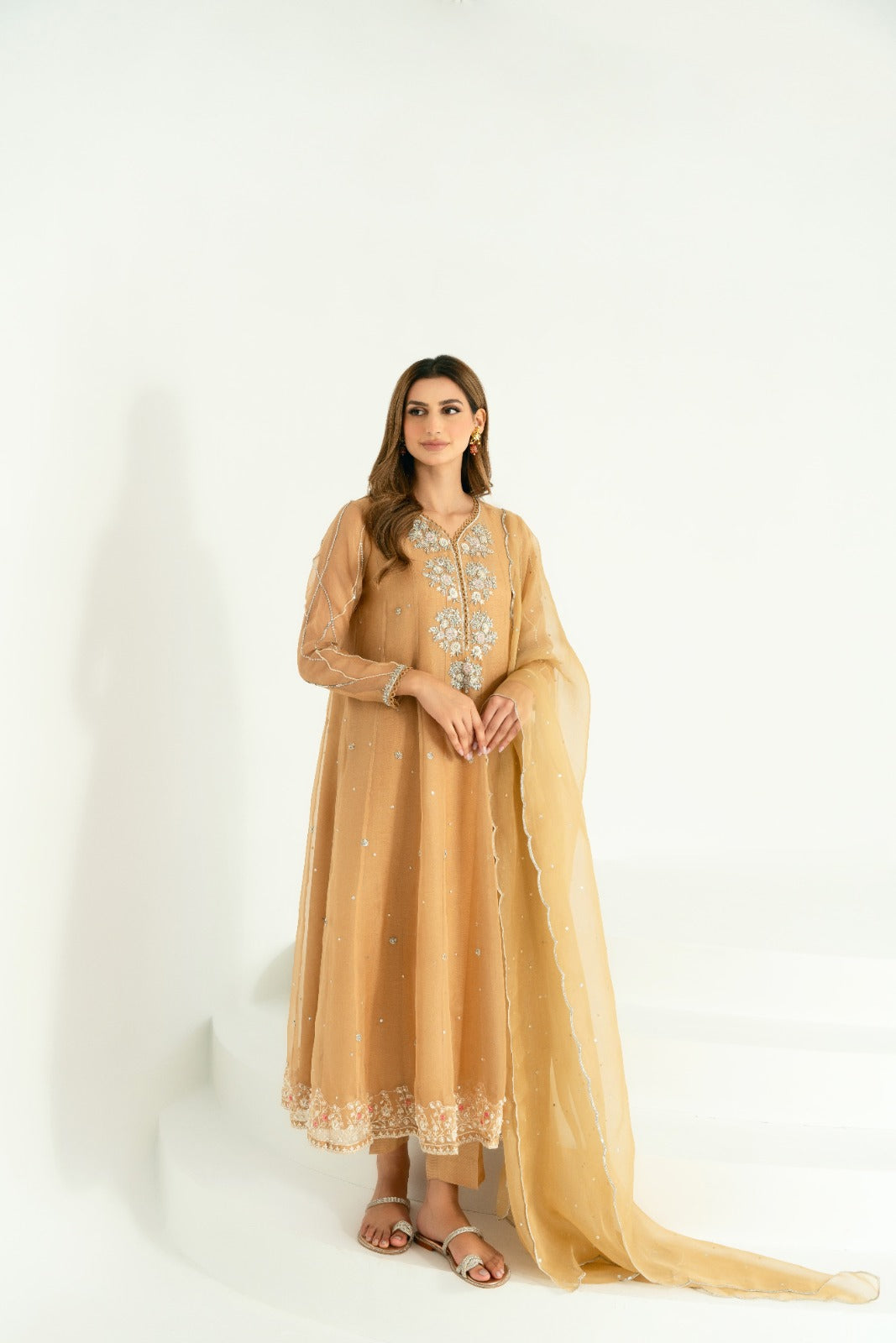 Coffee Beige Embroidered Cotton Net Kalidaar (3-Piece) - Image 1