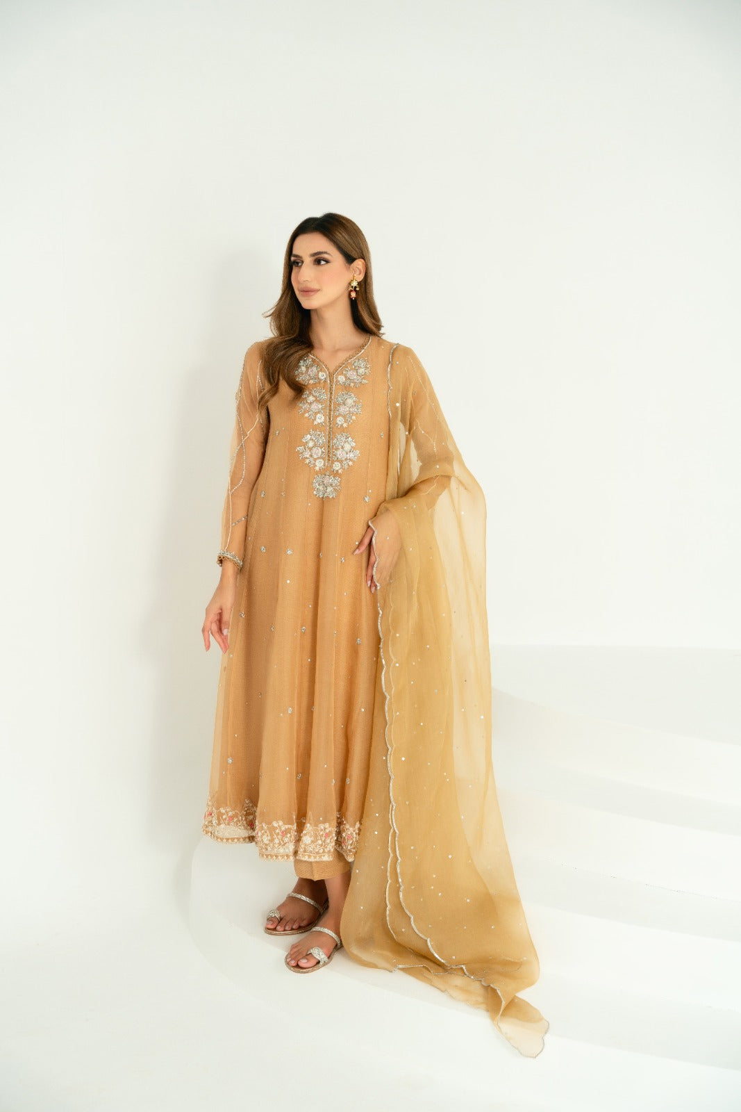 Coffee Beige Embroidered Cotton Net Kalidaar (3-Piece) - Image 3