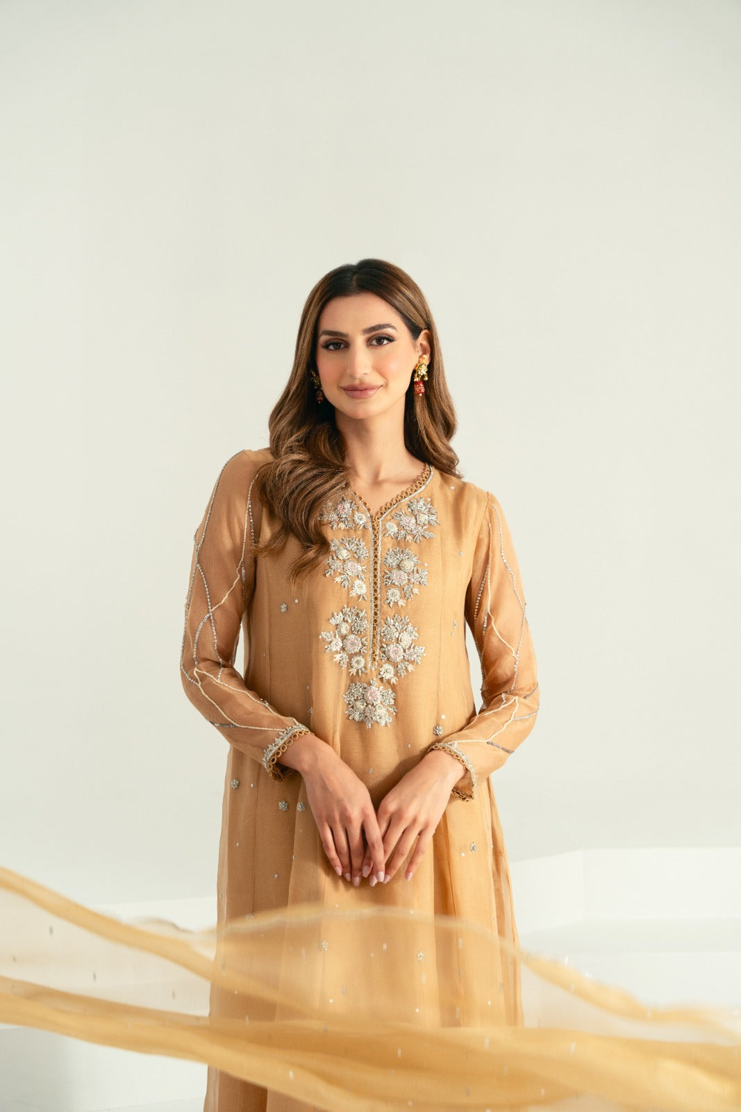 Coffee Beige Embroidered Cotton Net Kalidaar (3-Piece) - Image 4