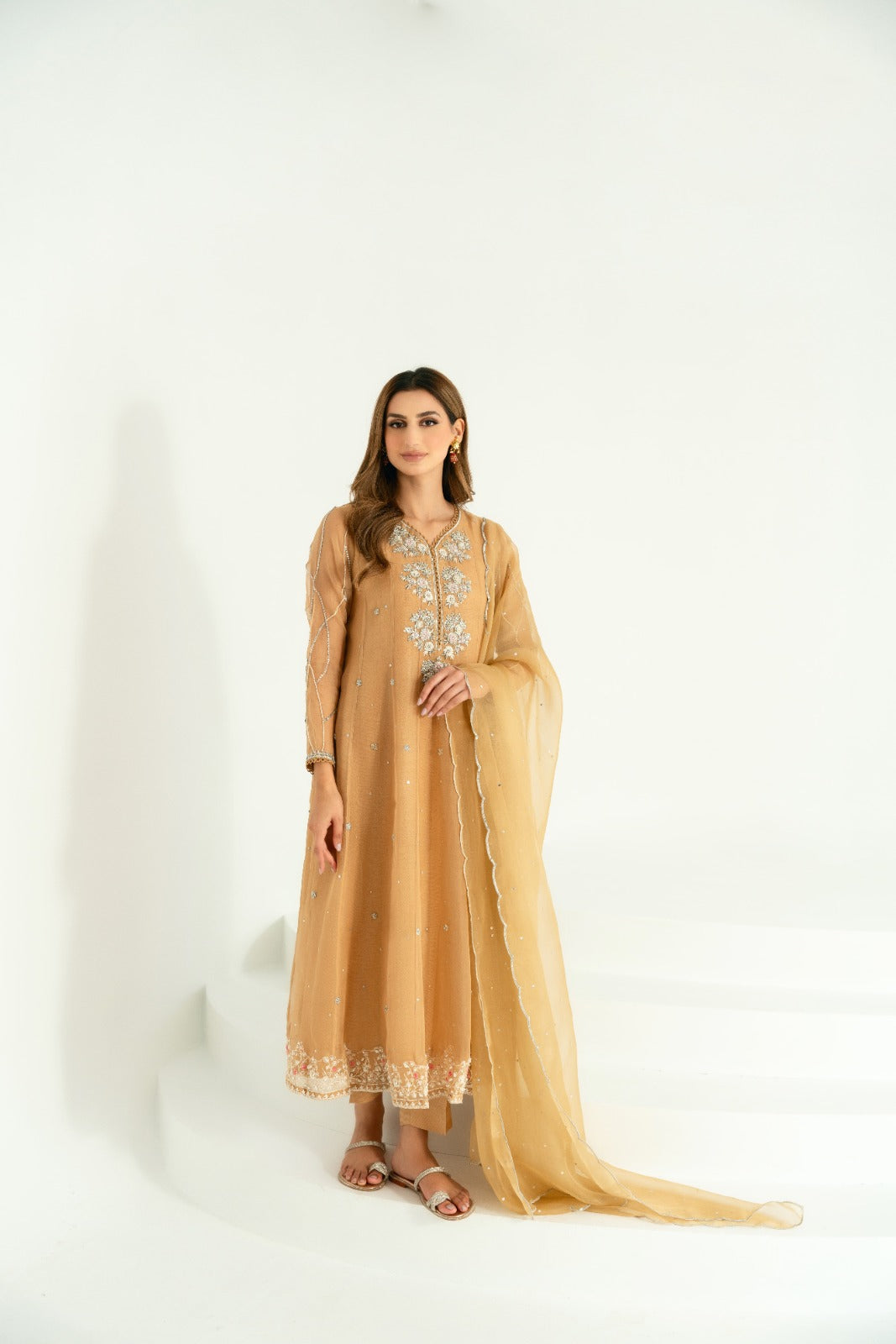 Coffee Beige Embroidered Cotton Net Kalidaar (3-Piece) - Image 5