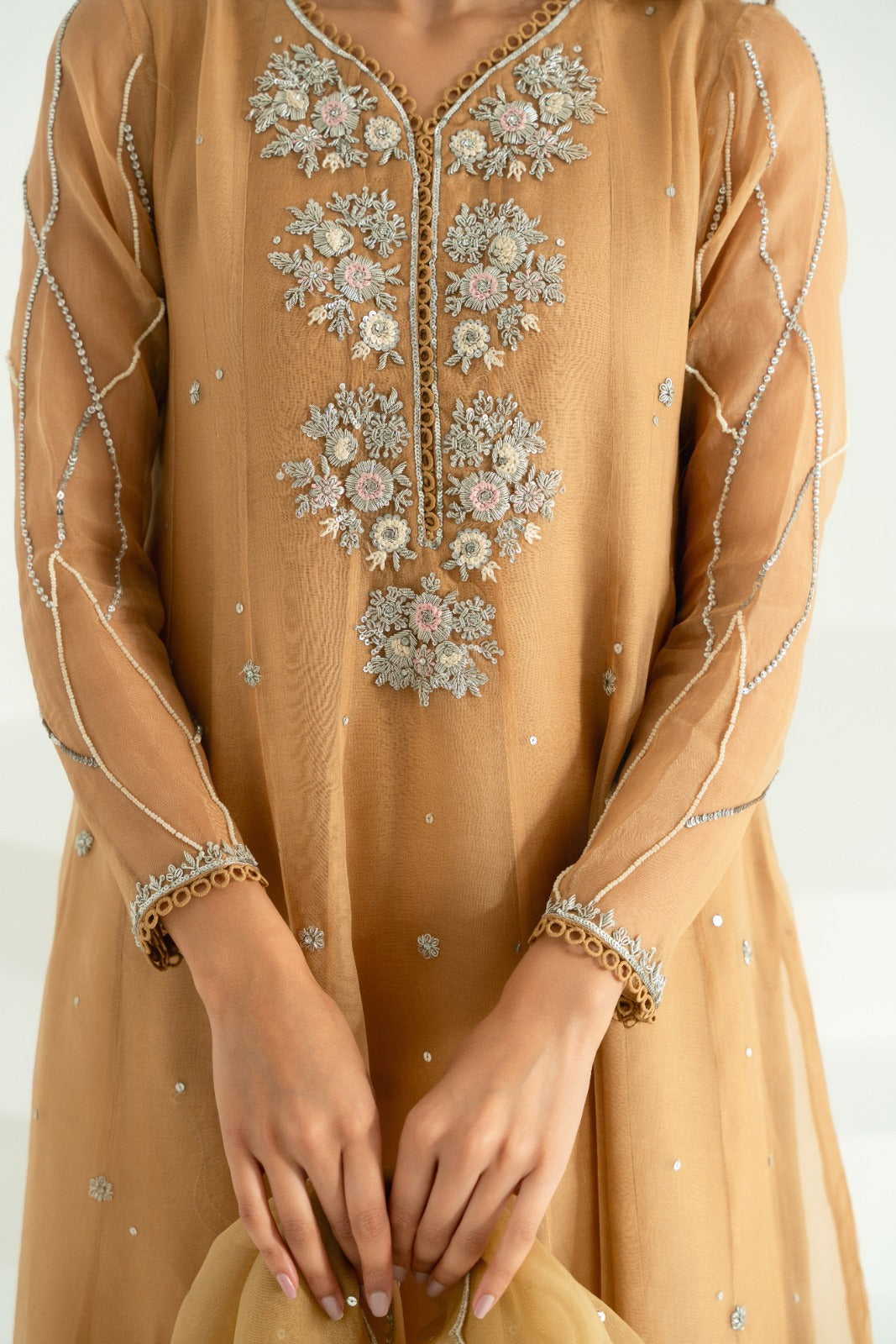 Coffee Beige Embroidered Cotton Net Kalidaar (3-Piece) - Image 6