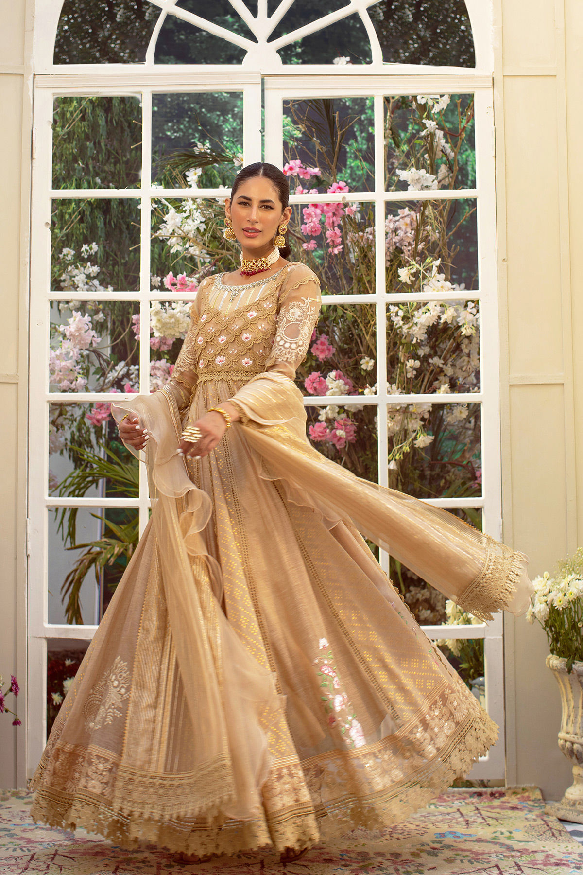 Pakistani Beige Zardozi Lorex Kalidar Dress (3-Piece) - Image 7