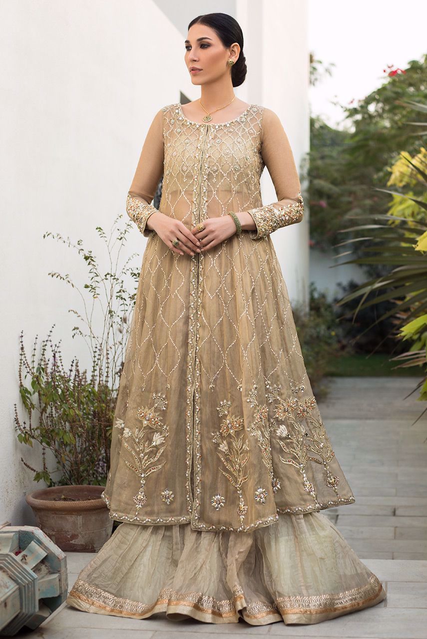 Beige Embellished Maysuri Net Kalidar (3-Piece) - Image 1