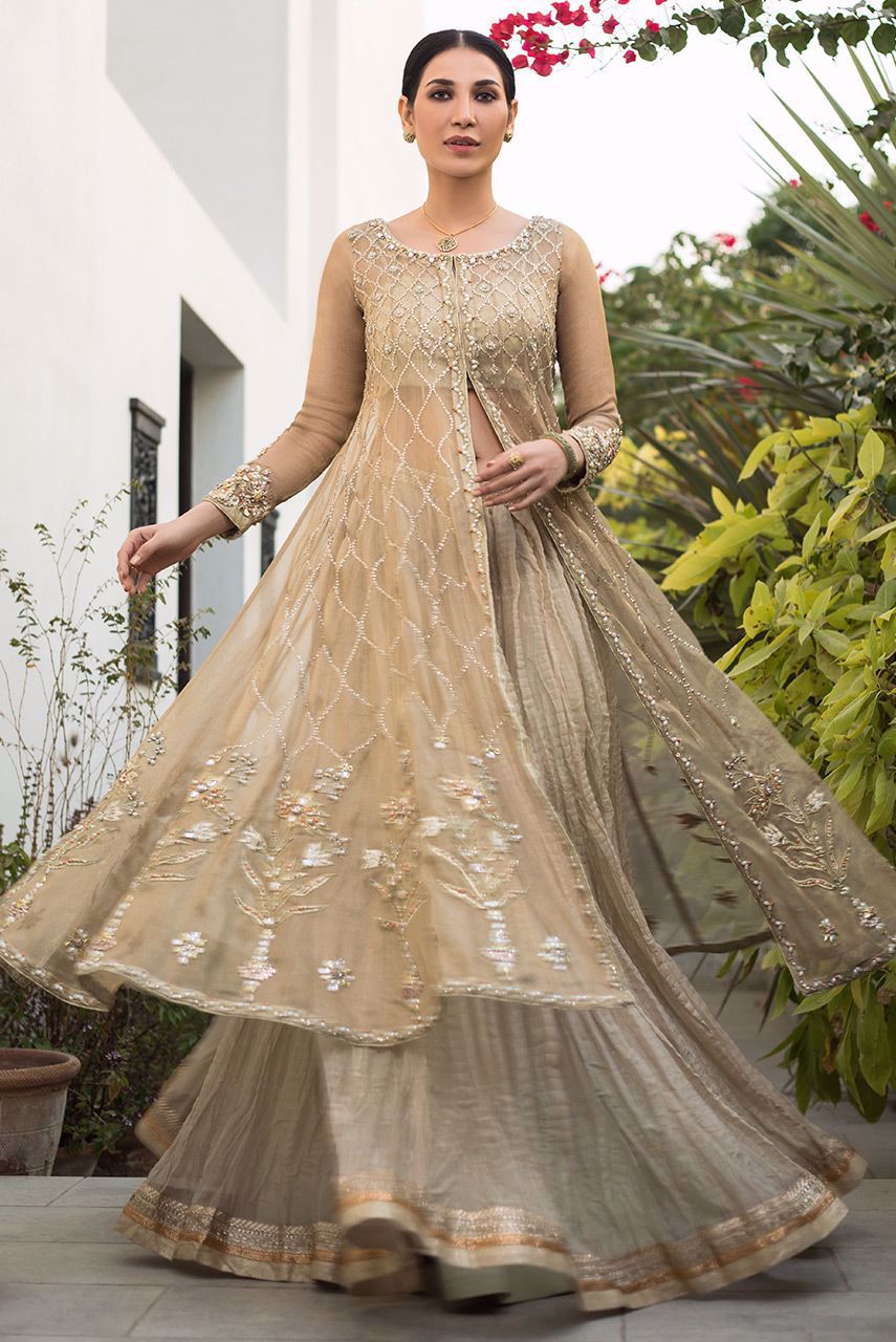 Beige Embellished Maysuri Net Kalidar (3-Piece) - Image 2