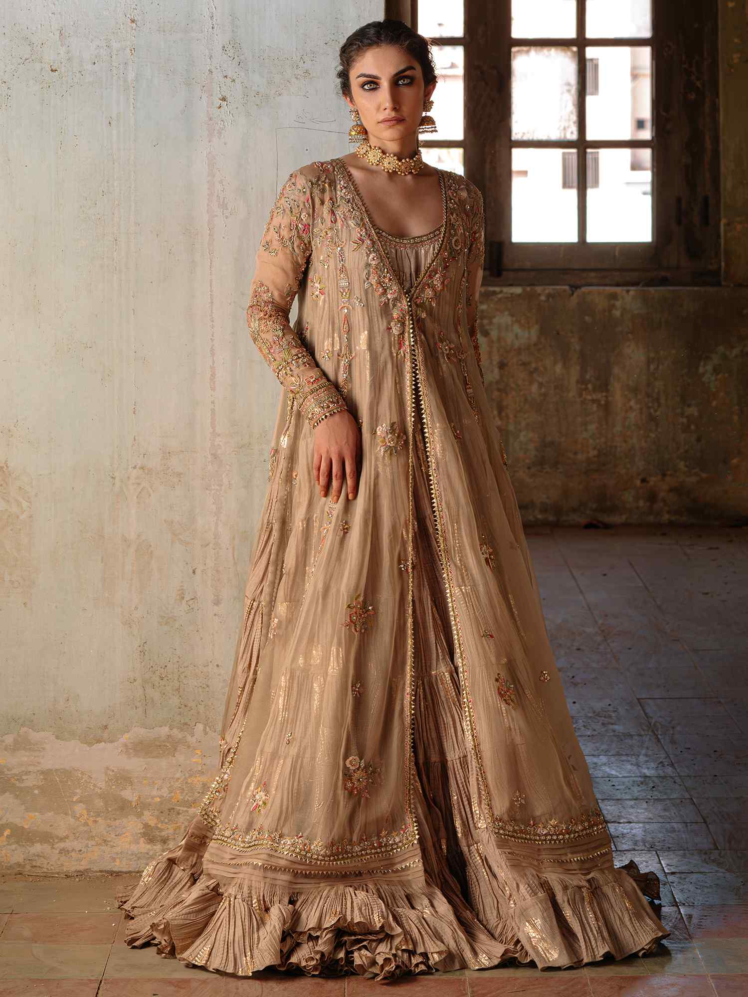 Pakistani Taupe Zardozi Organza Kalidar Dress (2-Piece) - Image 1