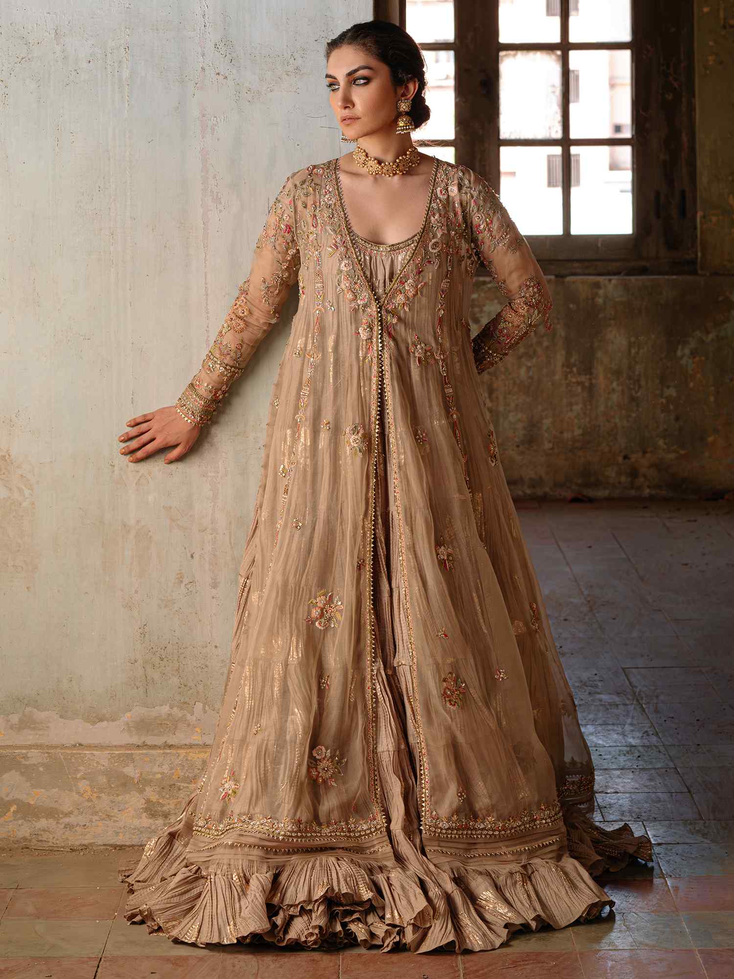 Pakistani Taupe Zardozi Organza Kalidar Dress (2-Piece) - Image 3