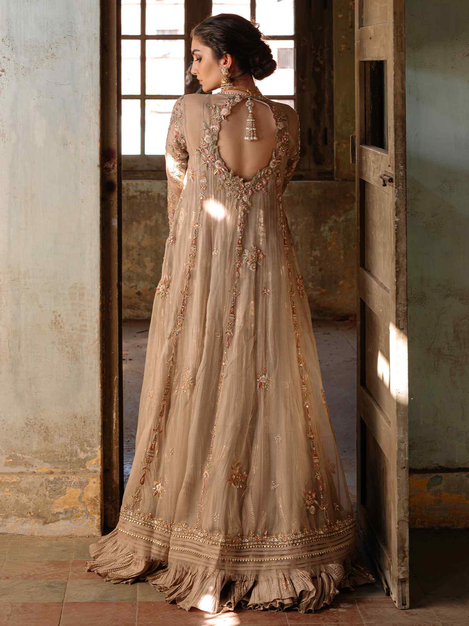 Pakistani Taupe Zardozi Organza Kalidar Dress (2-Piece) - Image 4