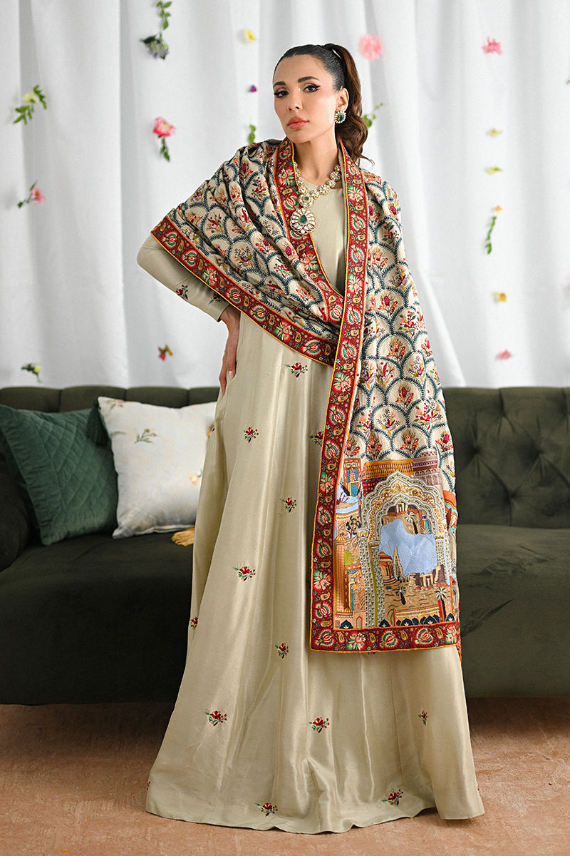 Pakistani Taupe Kashmiri Embroidered Raw Silk Kalidar (2-Piece) - Image 1