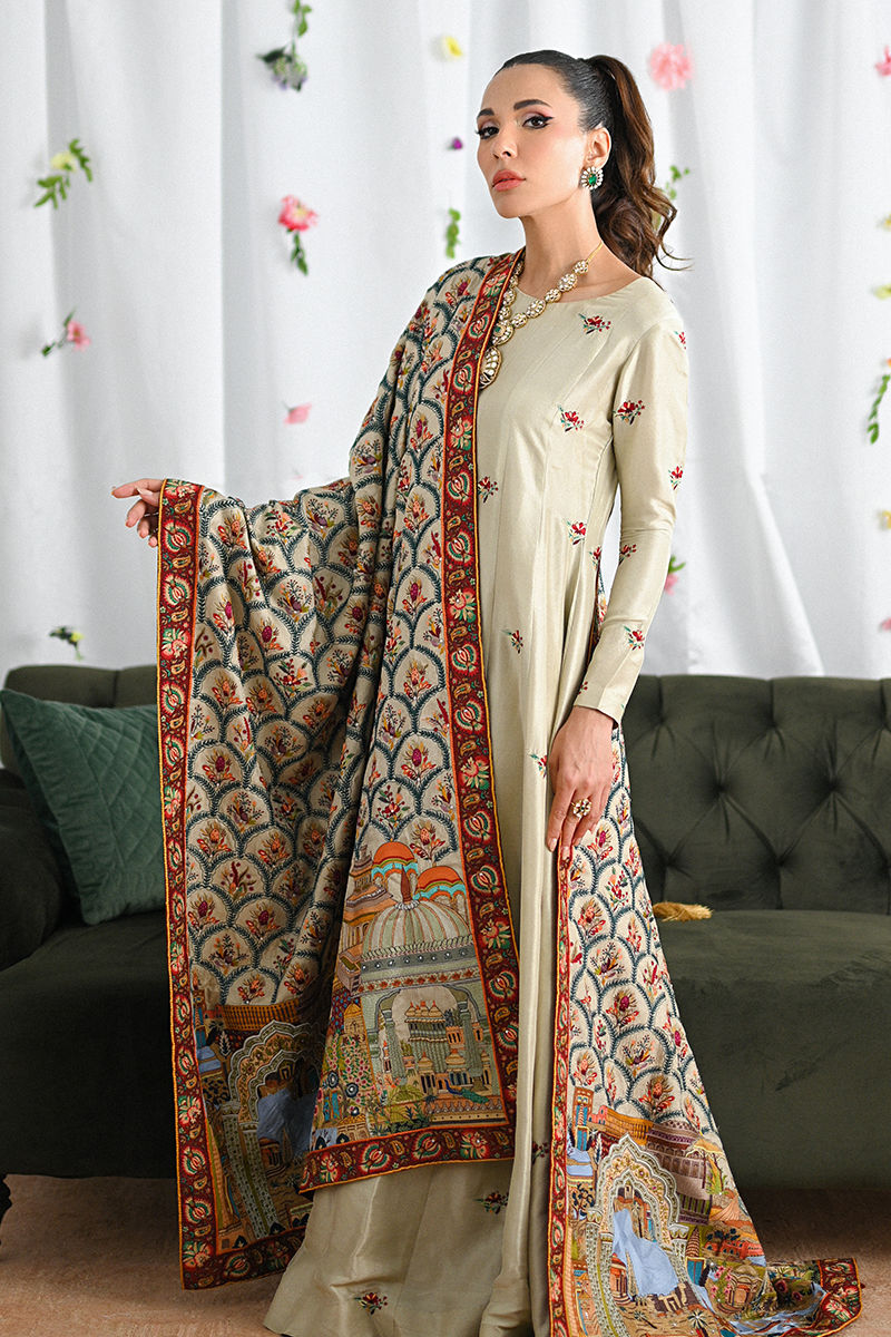 Pakistani Taupe Kashmiri Embroidered Raw Silk Kalidar (2-Piece) - Image 2