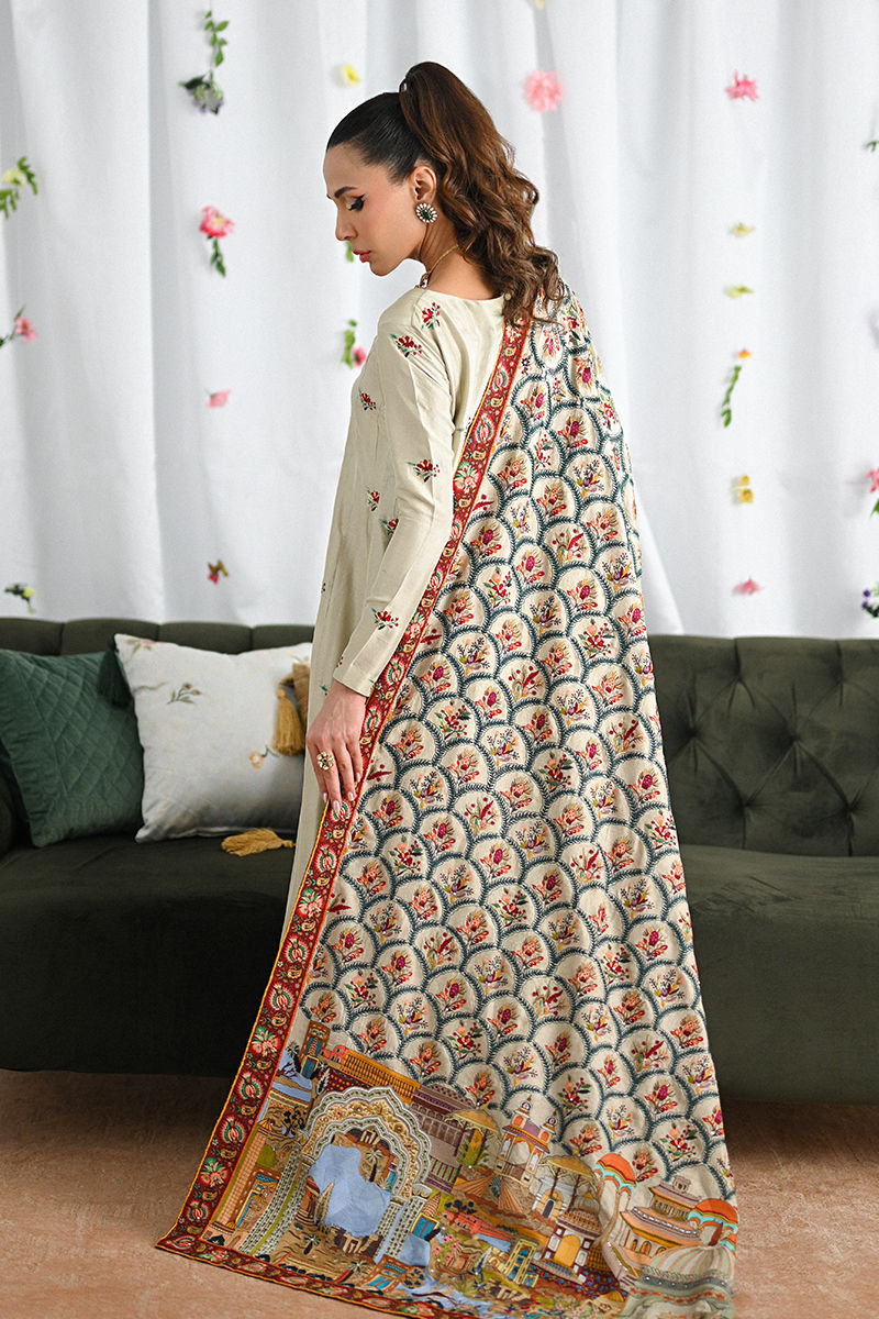 Pakistani Taupe Kashmiri Embroidered Raw Silk Kalidar (2-Piece) - Image 3