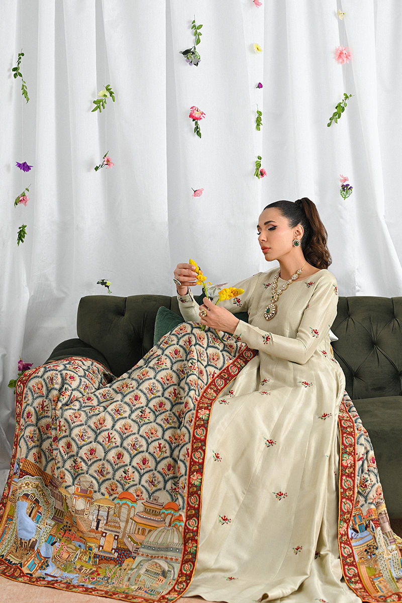 Pakistani Taupe Kashmiri Embroidered Raw Silk Kalidar (2-Piece) - Image 4