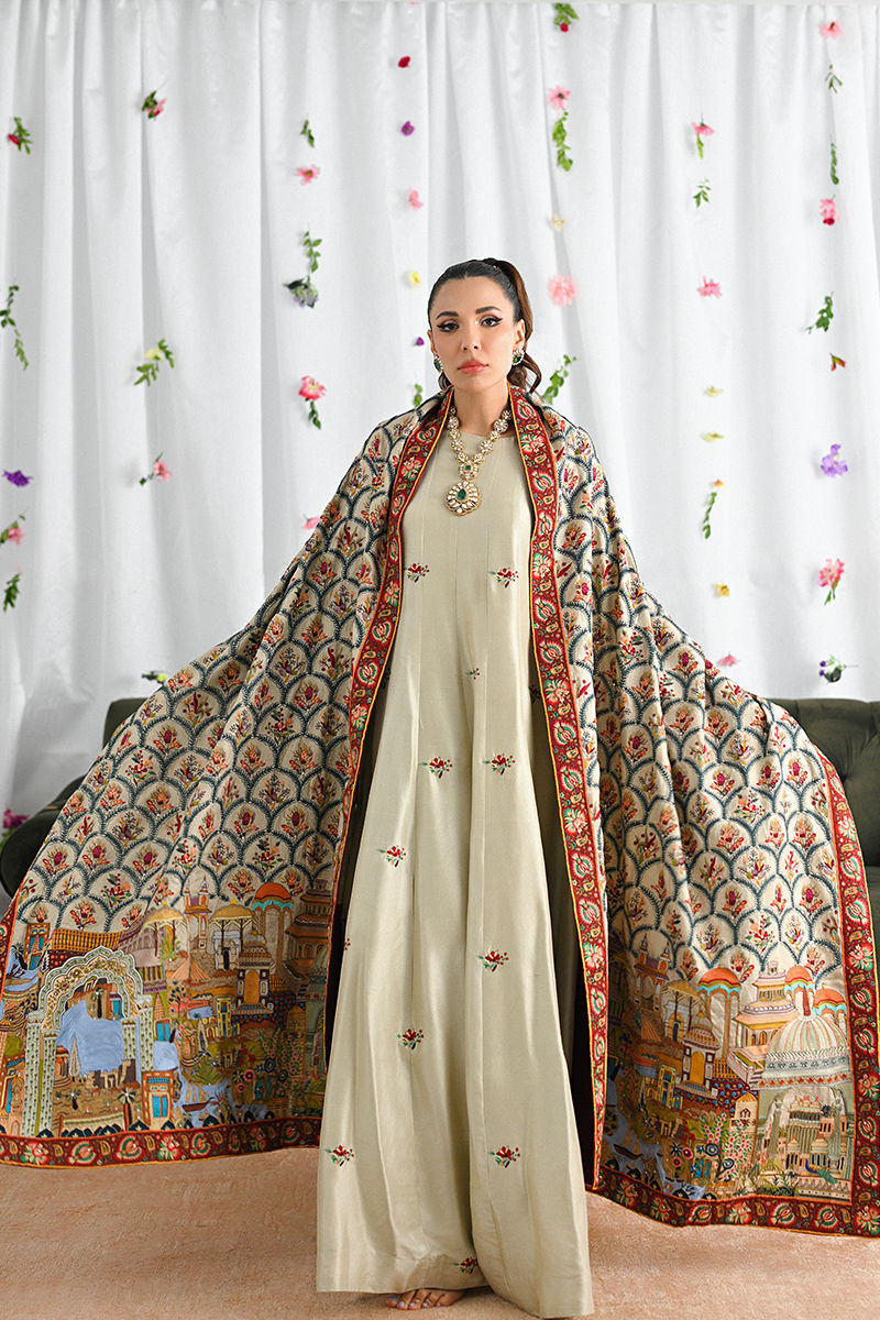 Pakistani Taupe Kashmiri Embroidered Raw Silk Kalidar (2-Piece) - Image 5