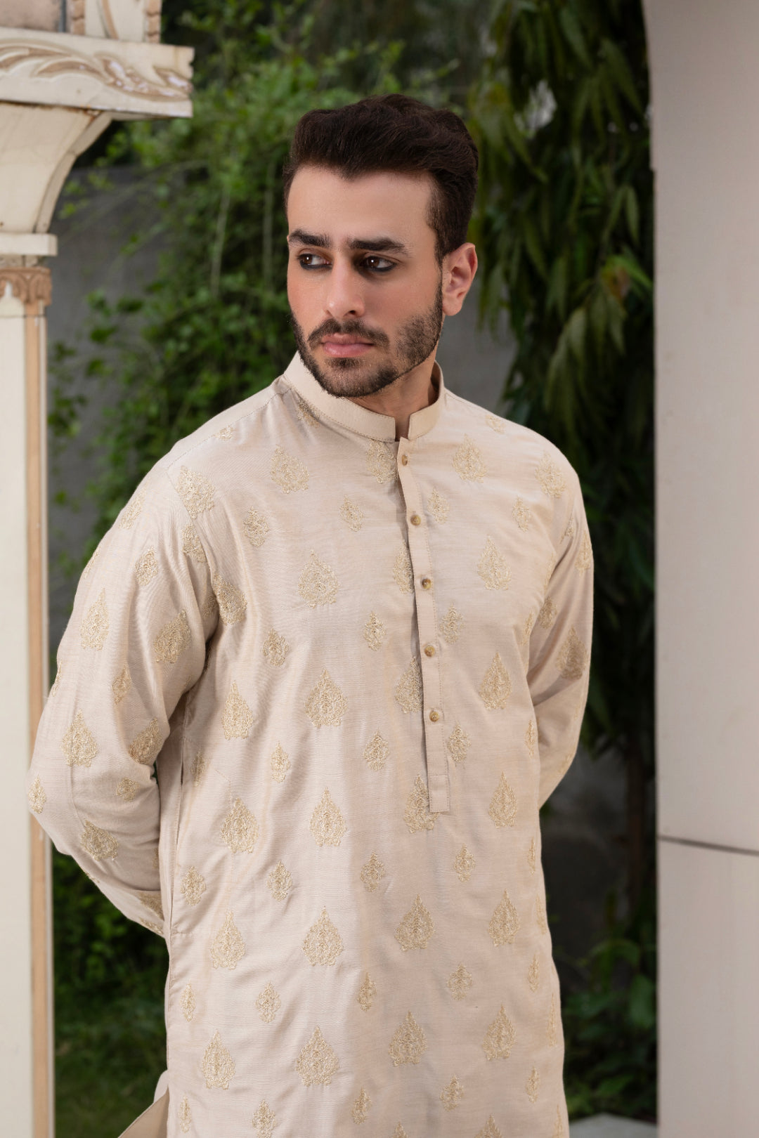 Beige Embroidered Cotton Row Silk Kurta Pajama (2-Piece) - Image 3