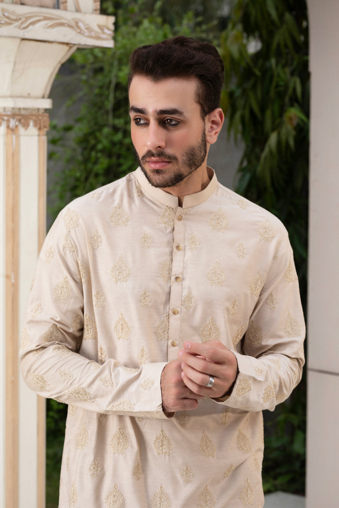 Beige Embroidered Cotton Row Silk Kurta Pajama (2-Piece) - Image 4