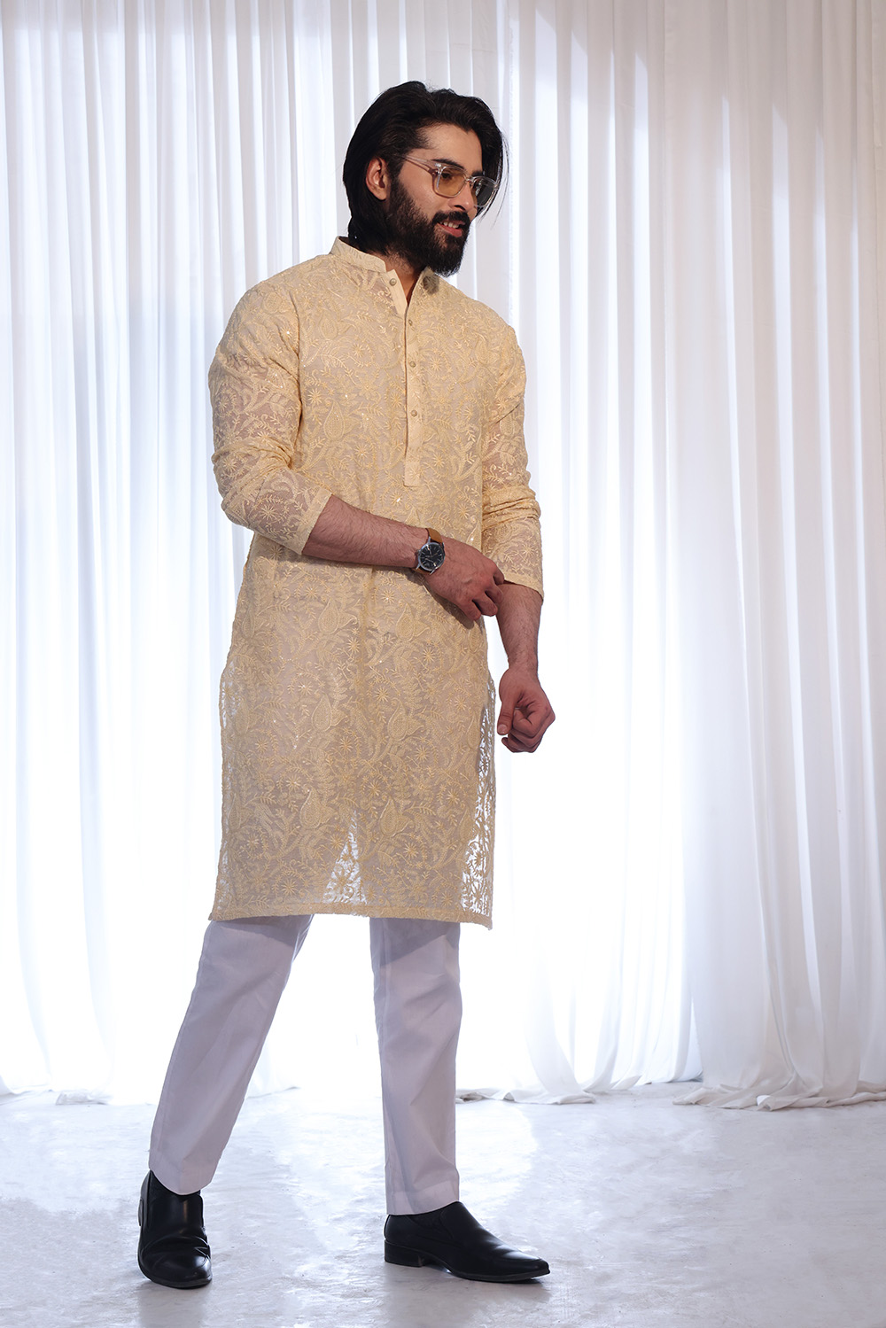 Wheat Embroidered Cotton-Silk Kurta (2-Piece) - Image 1