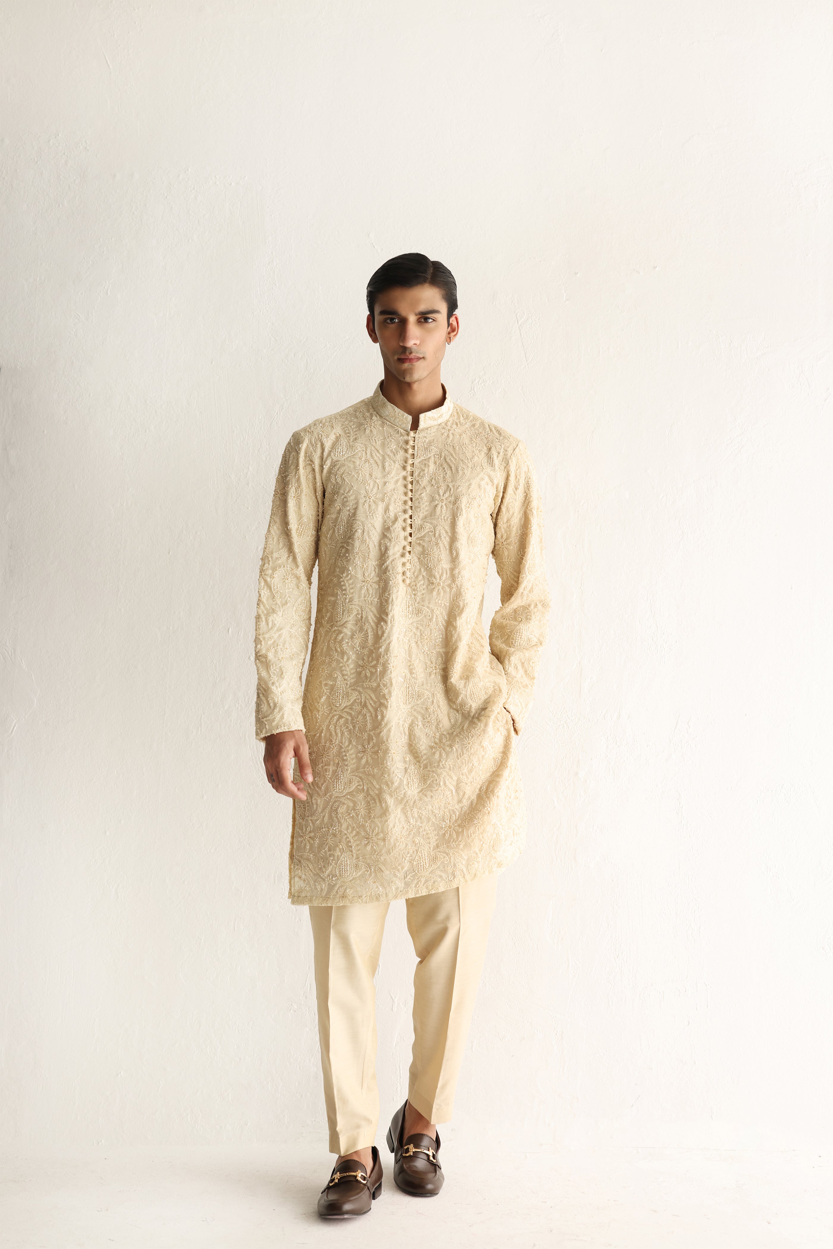 Beige Hand-Embroidered Cotton-Silk Kurta Pajama (2-Piece) - Image 2
