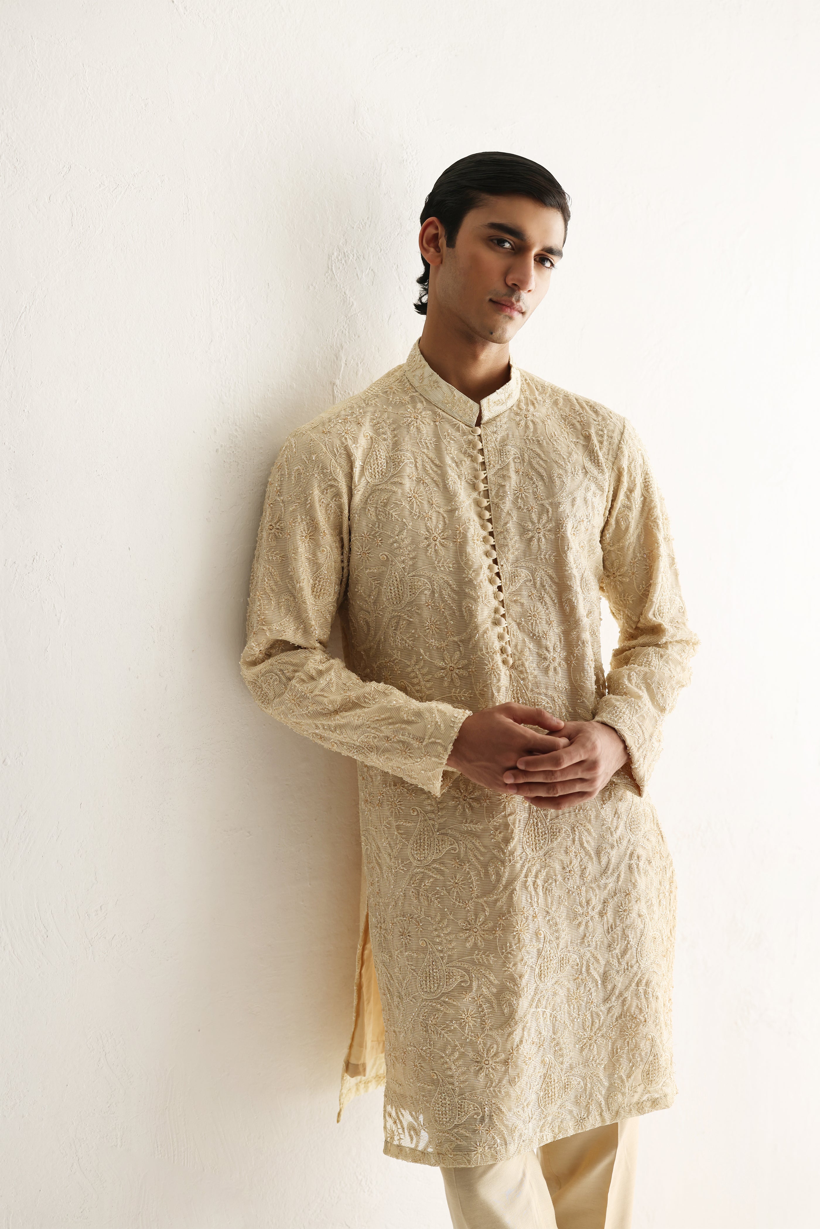 Beige Hand-Embroidered Cotton-Silk Kurta Pajama (2-Piece) - Image 3