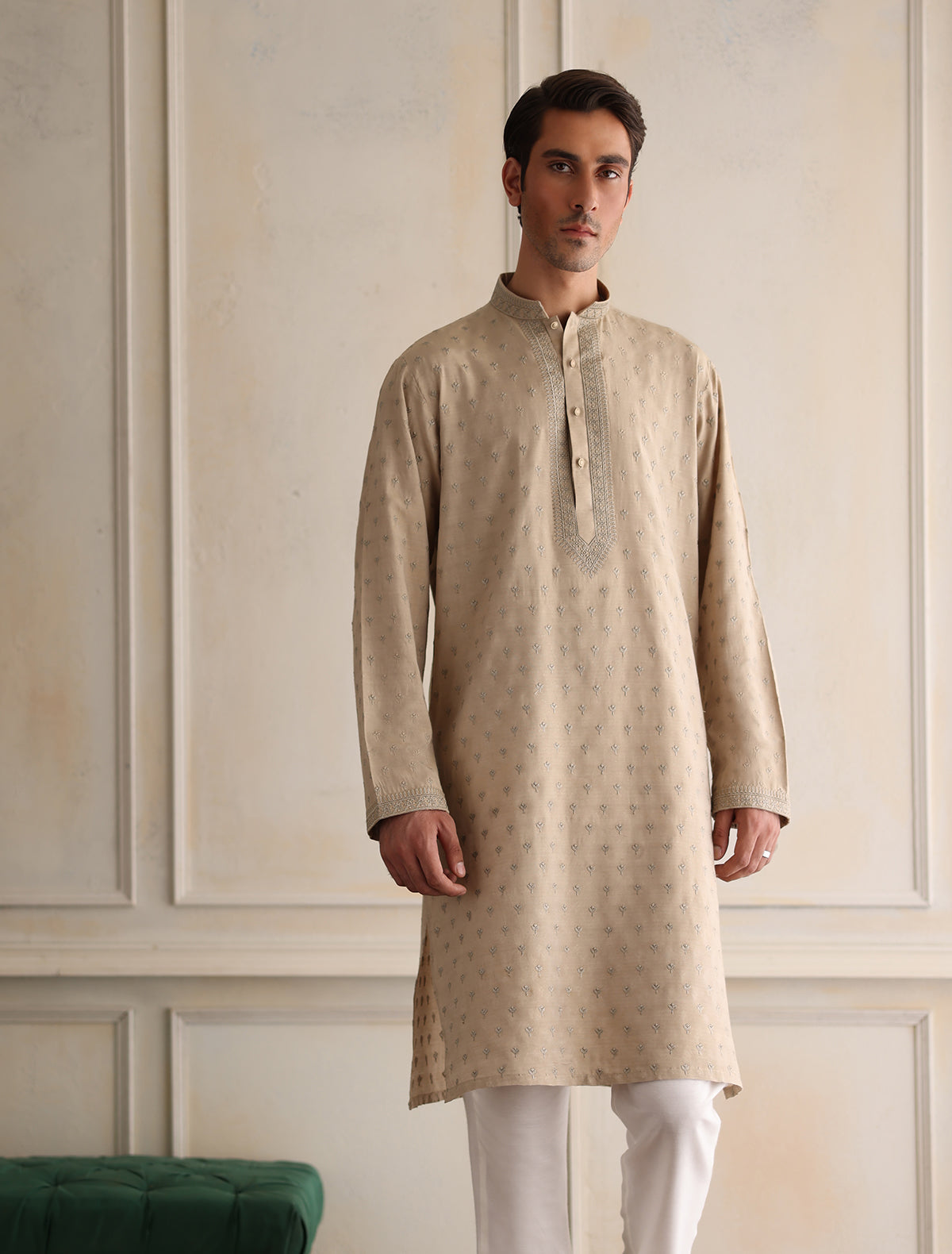 Fawn Hand-Embroidered Cotton-Silk Kurta (2-Piece) - Image 1
