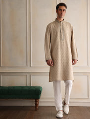 Fawn Hand-Embroidered Cotton-Silk Kurta (2-Piece) - Image 3