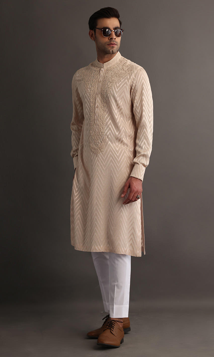 Beige Self-Embroidered Cotton-Silk Kurta (2-Piece) - Image 1