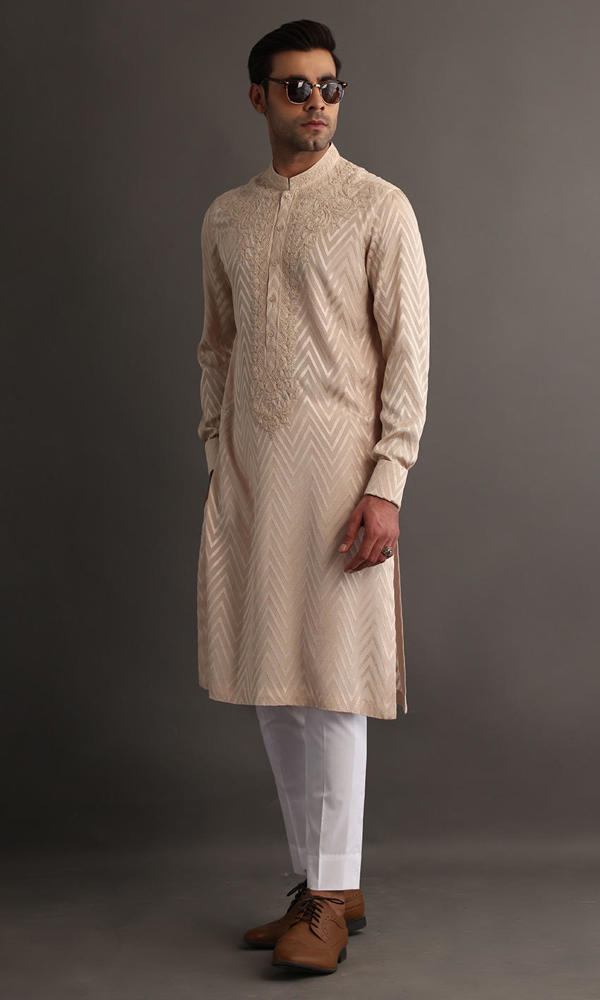Beige Self-Embroidered Cotton-Silk Kurta (2-Piece) - Image 2