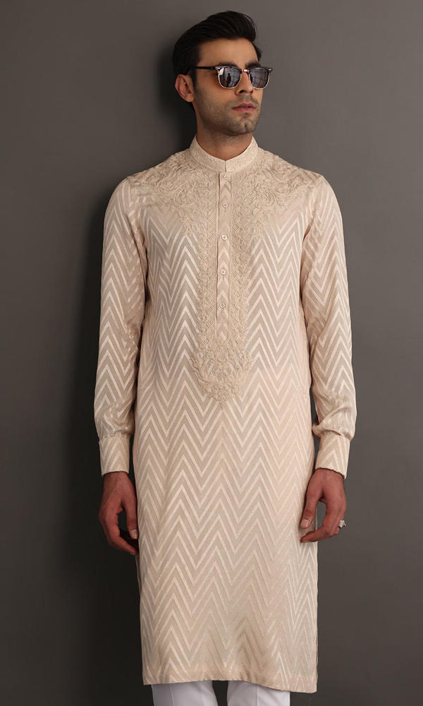 Beige Self-Embroidered Cotton-Silk Kurta (2-Piece) - Image 3