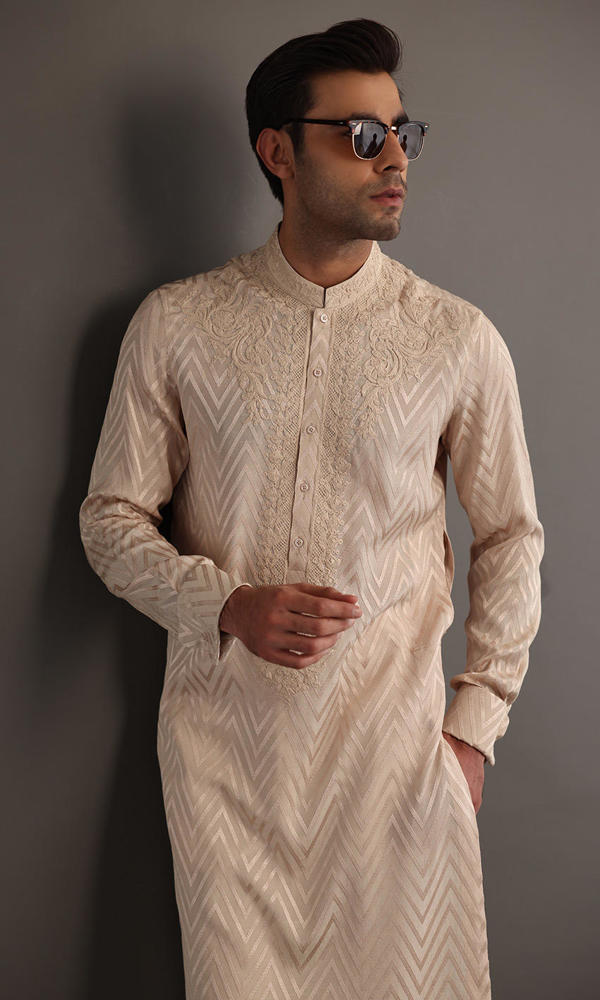 Beige Self-Embroidered Cotton-Silk Kurta (2-Piece) - Image 4