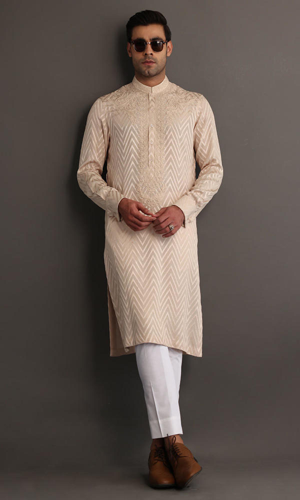 Beige Self-Embroidered Cotton-Silk Kurta (2-Piece) - Image 5