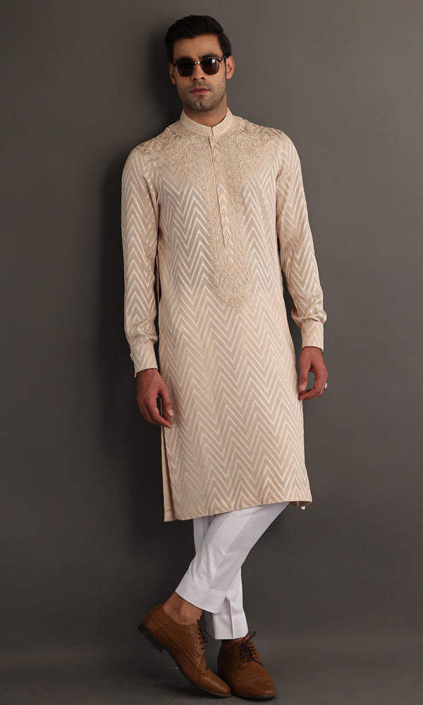 Beige Self-Embroidered Cotton-Silk Kurta (2-Piece) - Image 6