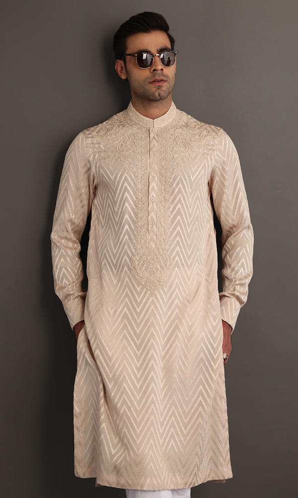 Beige Self-Embroidered Cotton-Silk Kurta (2-Piece) - Image 7