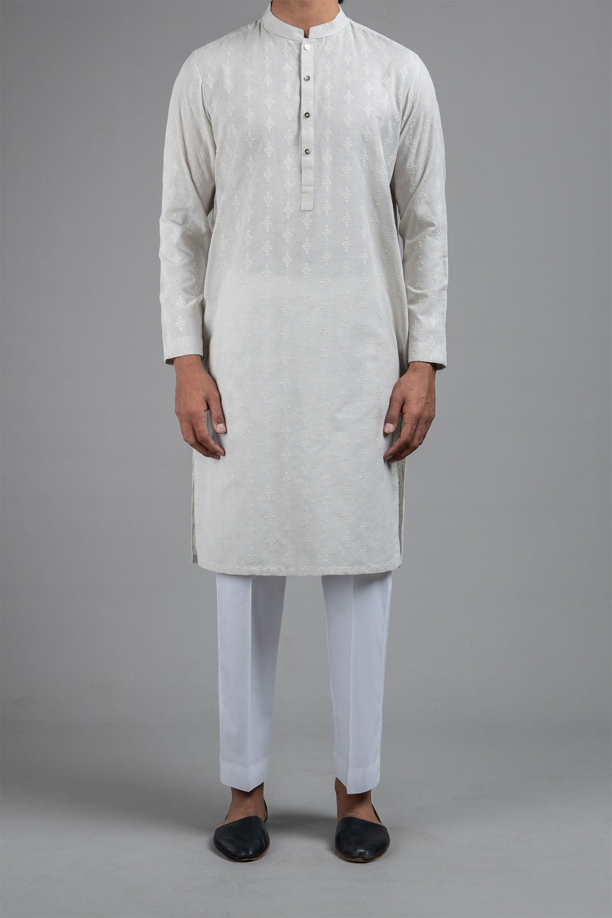 Beige Embroidered Egyptian Cotton Kurta (2-Piece) - Image 1
