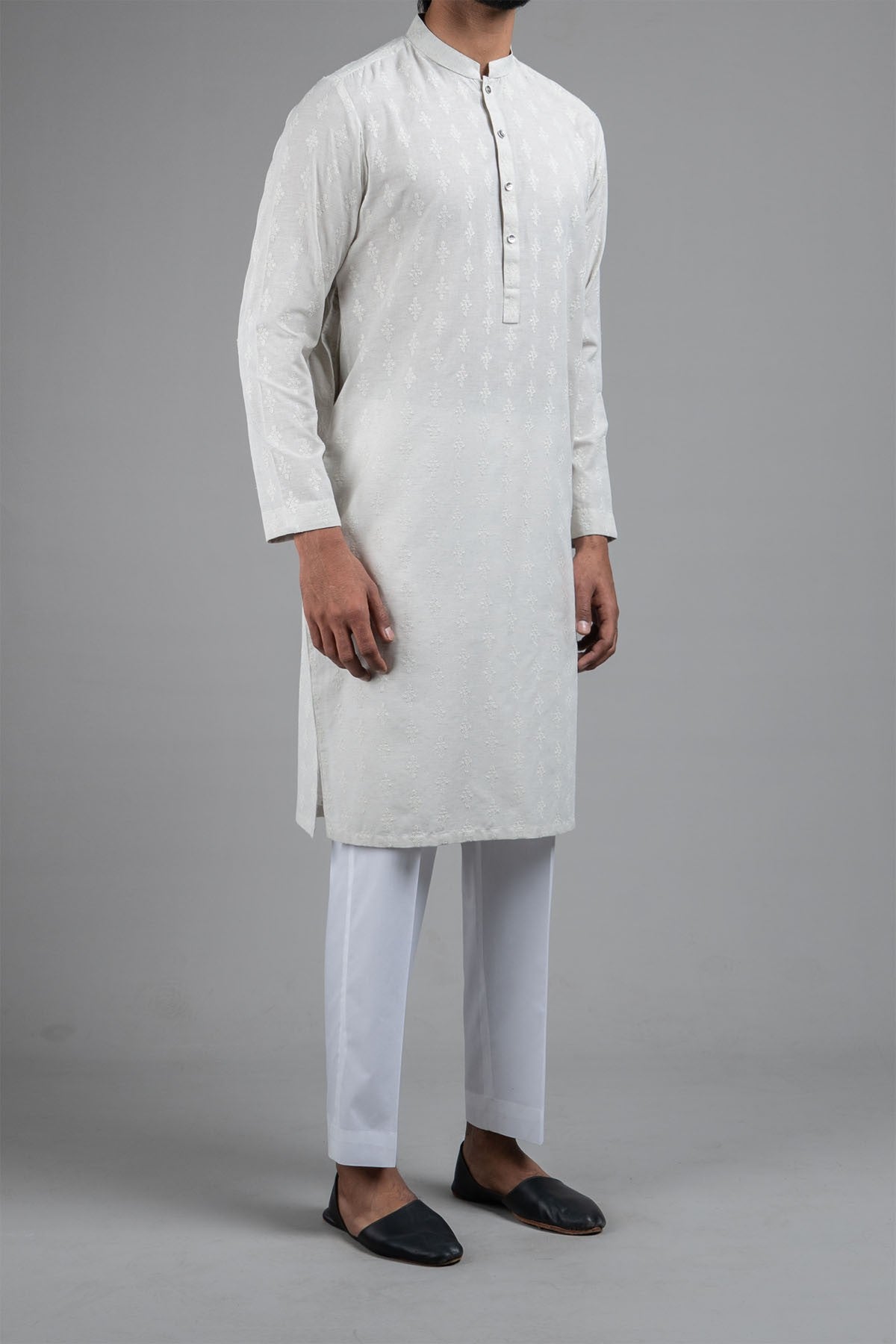 Beige Embroidered Egyptian Cotton Kurta (2-Piece) - Image 3